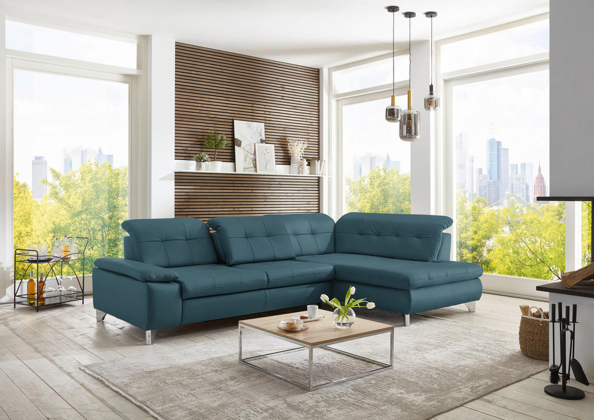CANAPÉ D'ANGLE in Echtleder Blau  - Blau/Alufarben, Design, Leder/Metall (309/211cm) - Beldomo Speed