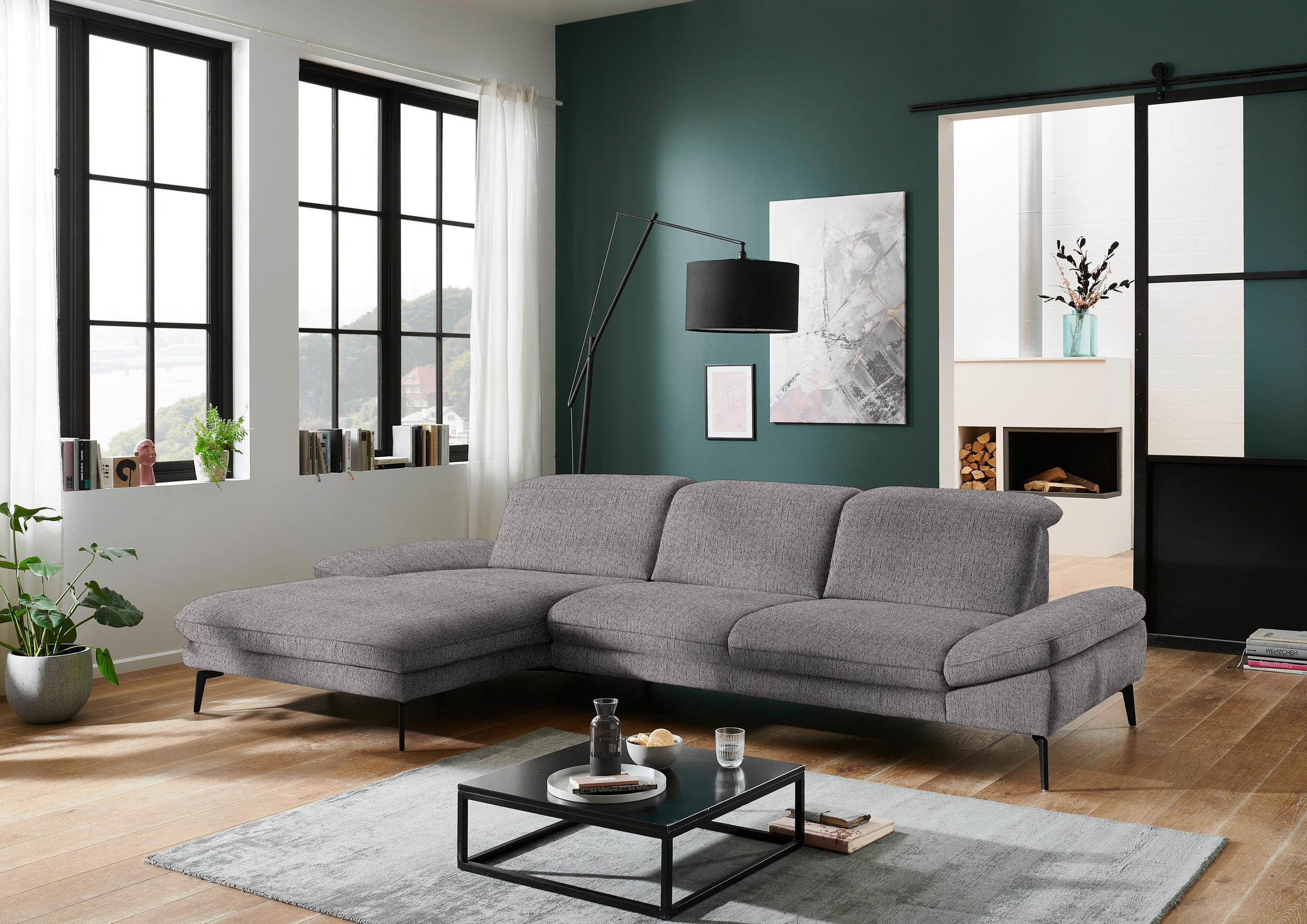 ECKSOFA in Chenille Graubraun  - Graubraun/Schwarz, Design, Textil/Metall (188/319cm) - Beldomo System
