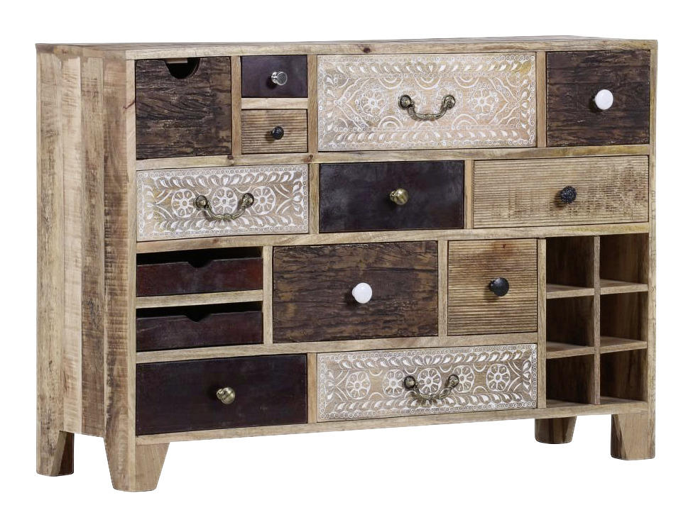 SIDEBOARD Akazie, Mangoholz massiv Multicolor, Naturfarben - Dunkelbraun/Messingfarben, Design, Holz/Metall (114/80/39cm)