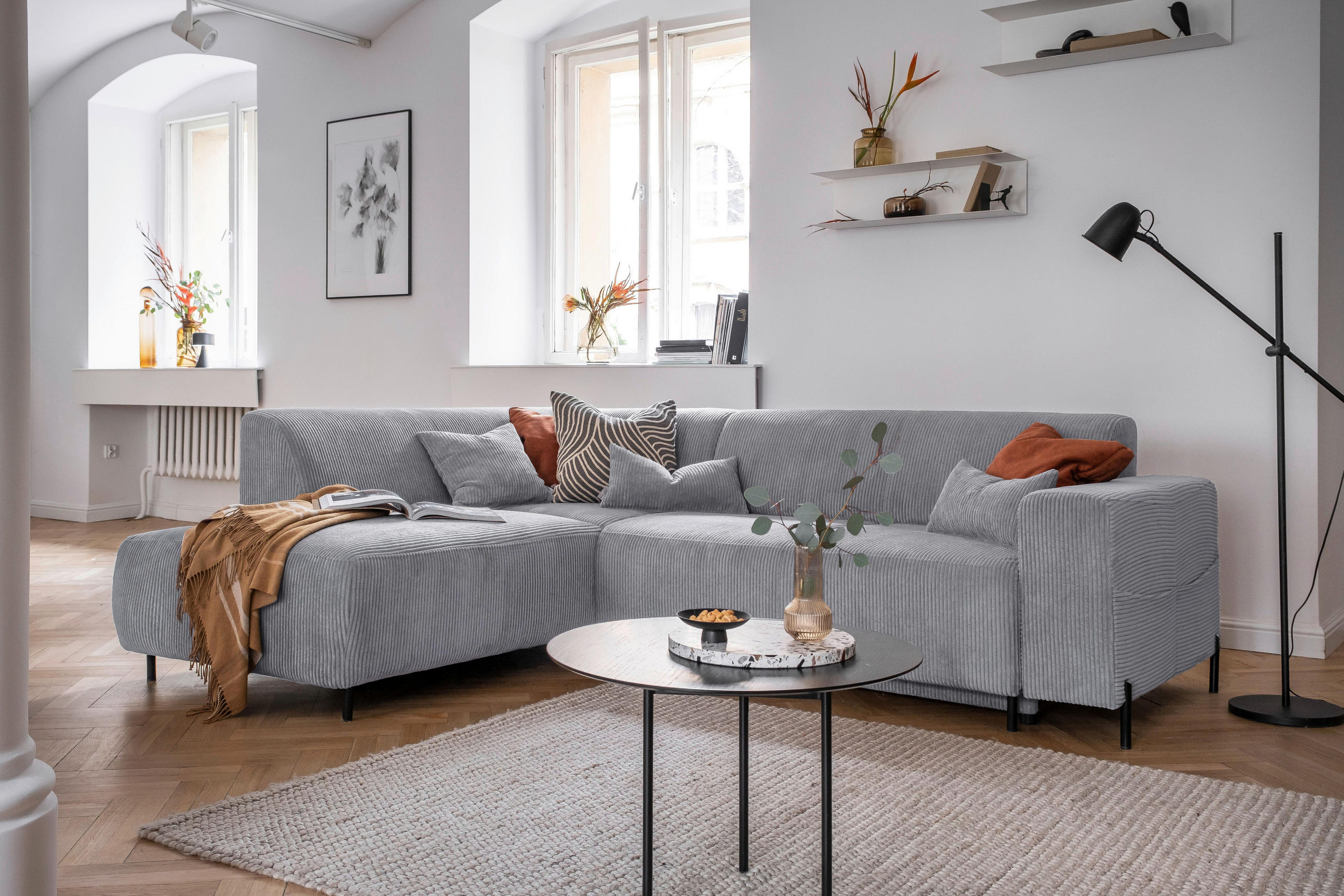 ECKSOFA in Cord Hellgrau  - Hellgrau/Schwarz, Textil/Metall (192/250cm) - MID.YOU