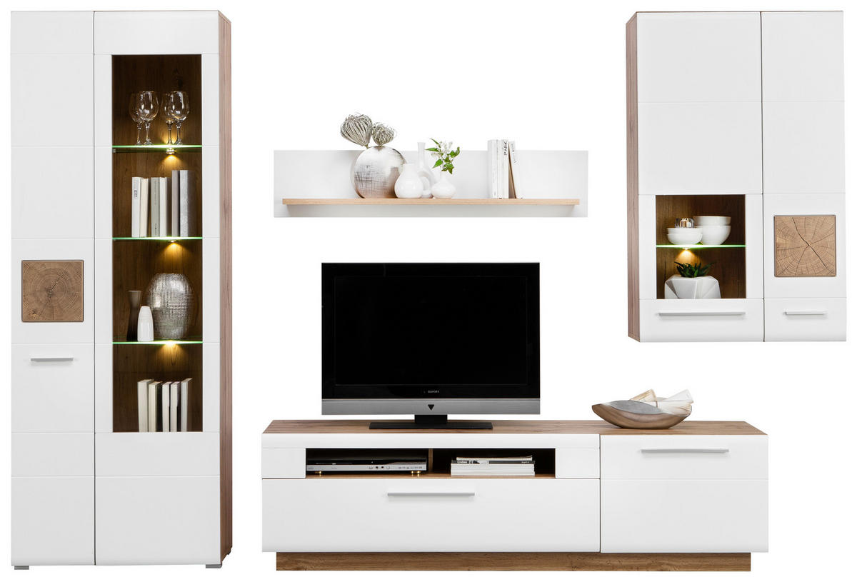 WOHNWAND  in Weiß, Eichefarben  300/202/46 cm  - Chromfarben/Eichefarben, KONVENTIONELL, Glas/Holzwerkstoff (300/202/46cm) - Hom`in