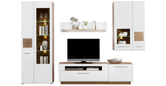 WOHNWAND  in Weiß, Eichefarben  300/202/46 cm  - Chromfarben/Eichefarben, KONVENTIONELL, Glas/Holzwerkstoff (300/202/46cm) - Hom`in