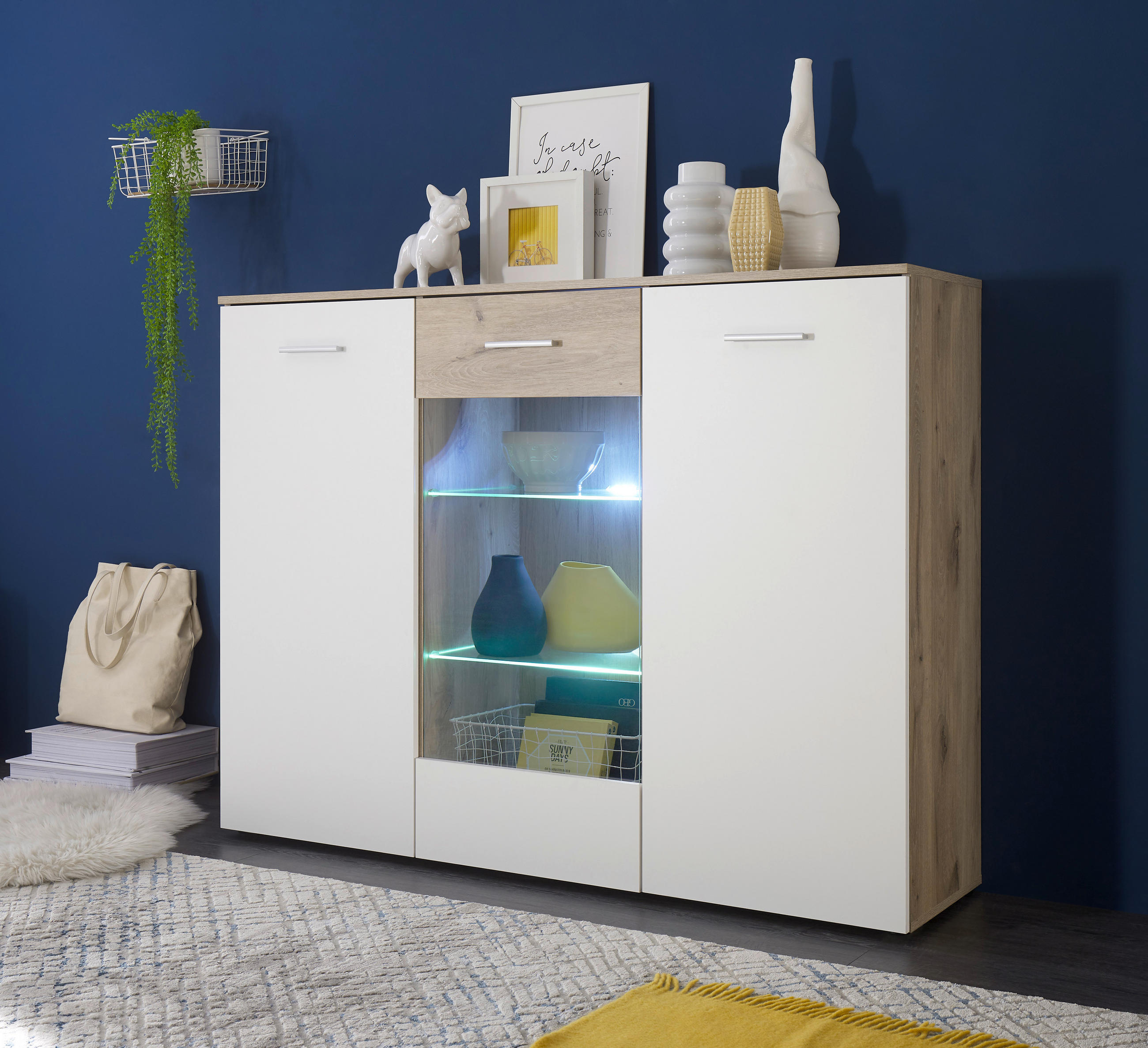 VITRINE in Weiss, Eichefarben - Weiss/Eichefarben, Design, Glas/Holzwerkstoff (150/113/40cm) - MID.YOU