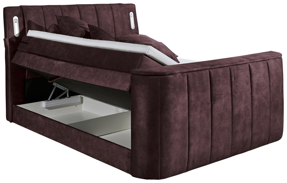 BOXSPRINGBETT 180/200 cm,  in Aubergine, gepolstertes Kopfteil, Bettkasten, Topper, H2 + H2 = mittel  - Aubergine, MODERN, Holzwerkstoff/Kunststoff (180/200cm) - MID.YOU