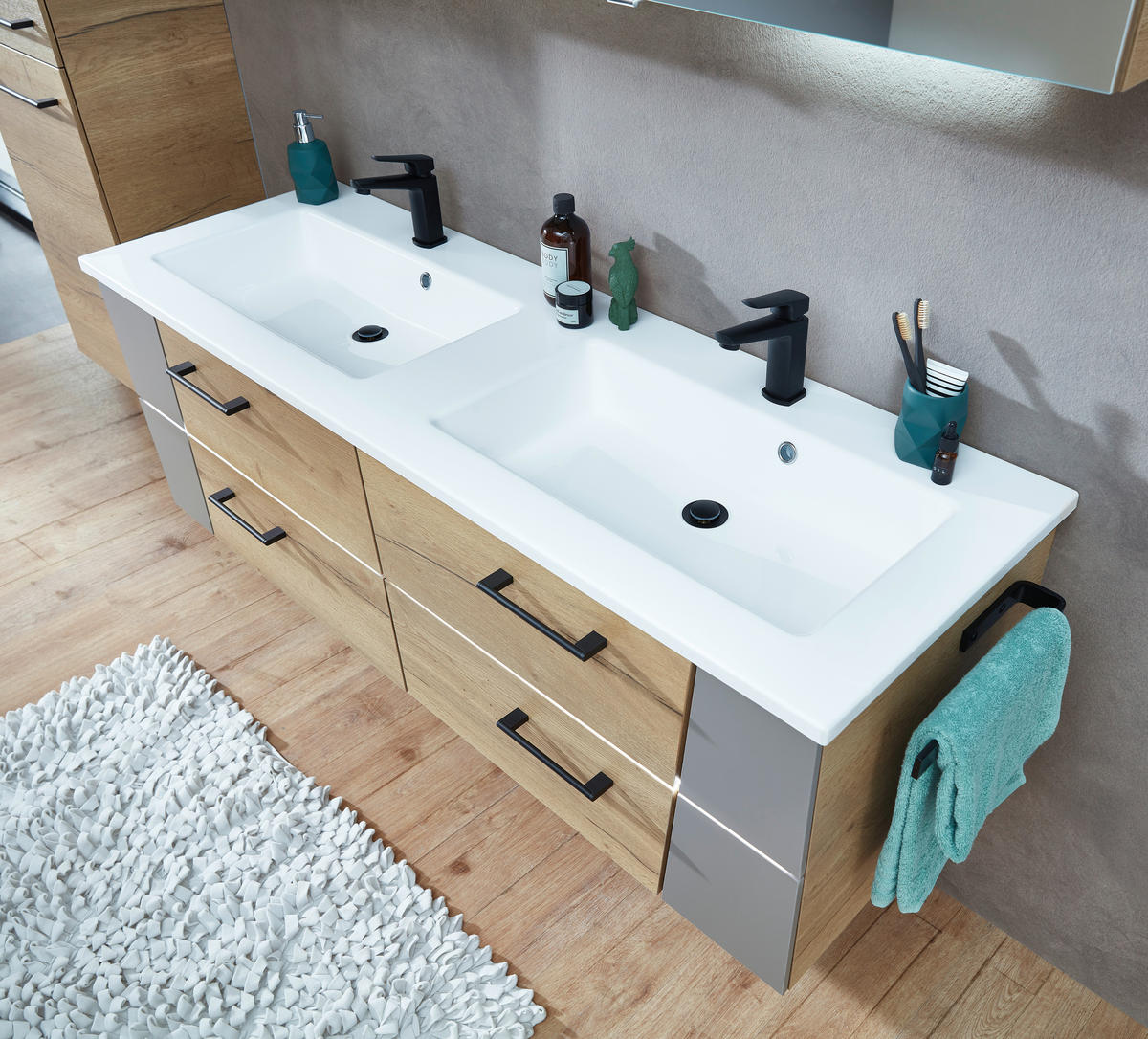 WASCHTISCHKOMBI 153 cm  - Eichefarben/Blaugrau, KONVENTIONELL, Holzwerkstoff/Stein (153cm) - Sadena