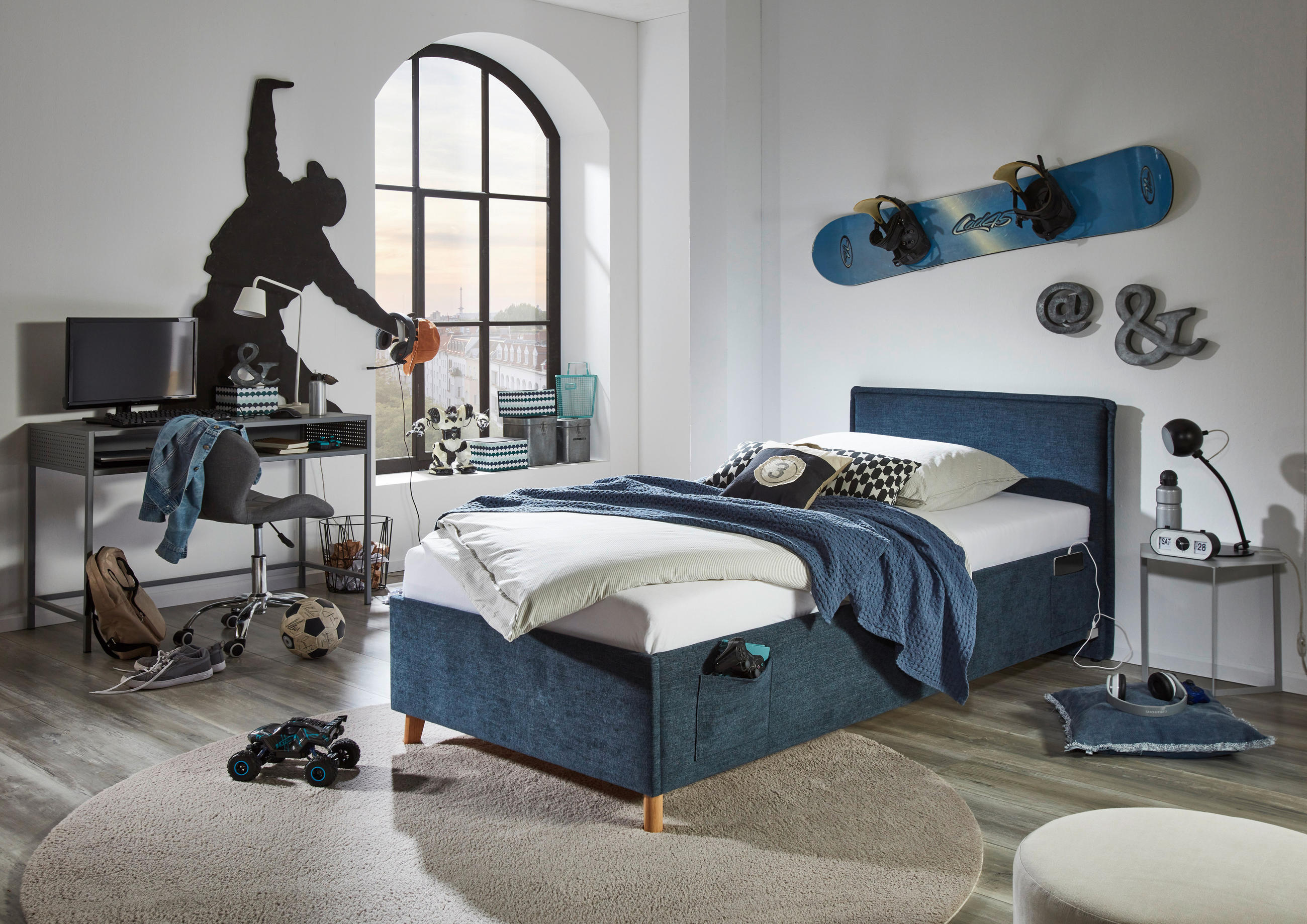 POLSTERBETT Lattenrost, Bettkasten 90/200 cm  in Dunkelblau  - Eichefarben/Birkefarben, KONVENTIONELL, Holz/Textil (90/200cm) - Stylife