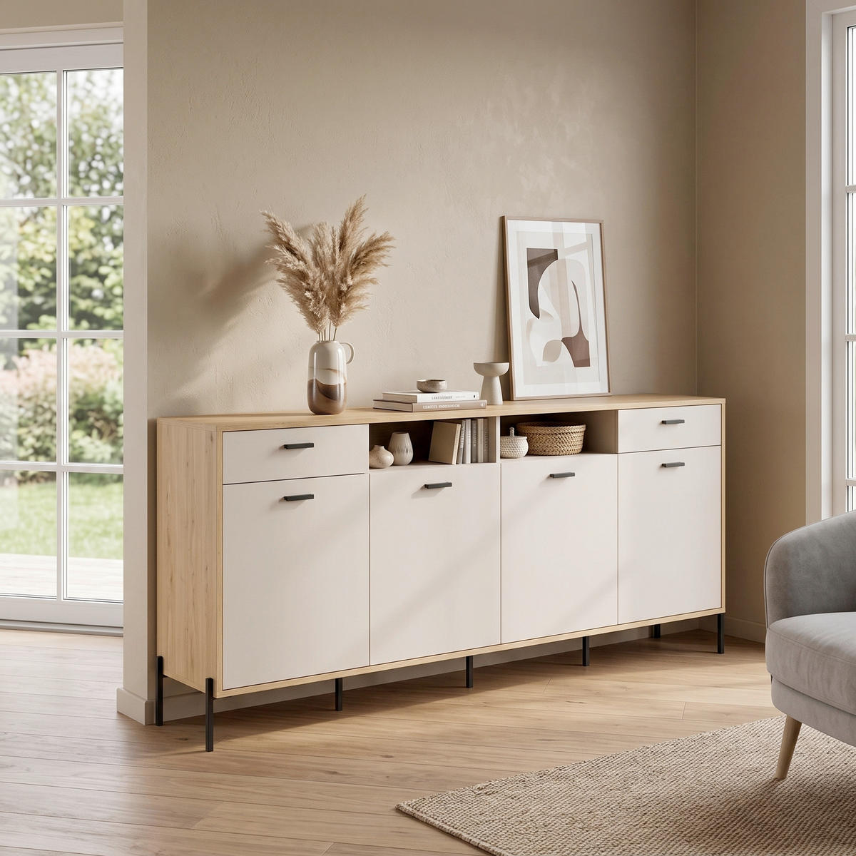 SIDEBOARD  205/94/40 cm 2 Schublade(n)  - Kaschmir/Eichefarben, Design, Holzwerkstoff/Metall (205/94/40cm) - MID.YOU