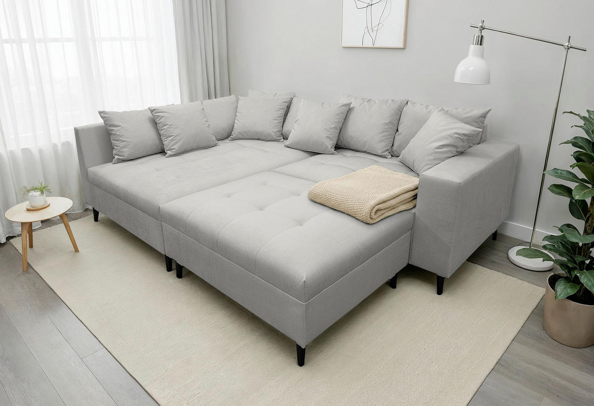 Ecksofa inkl. Hocker  in Mikrofaser Grau  174/247 cm  - Schwarz/Grau, Design, Holz/Textil (174/247cm) - MID.YOU