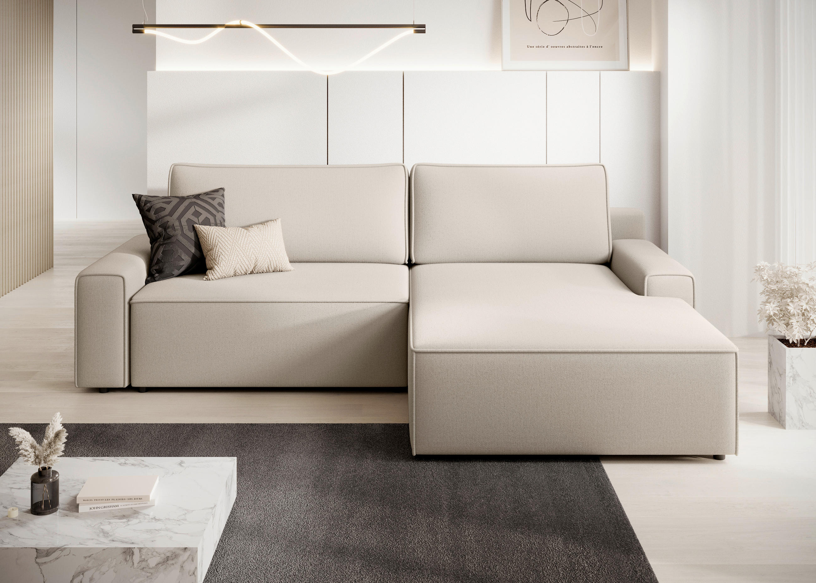 ECKSCHLAFSOFA CHALLANGE  mit Schlafen auf Sitzhöhe, Rücken echt, Armteil links, Armteil rechts Struktur Beige  - Beige/Schwarz, MODERN, Kunststoff/Textil (246/168cm) - Trendmanufaktur