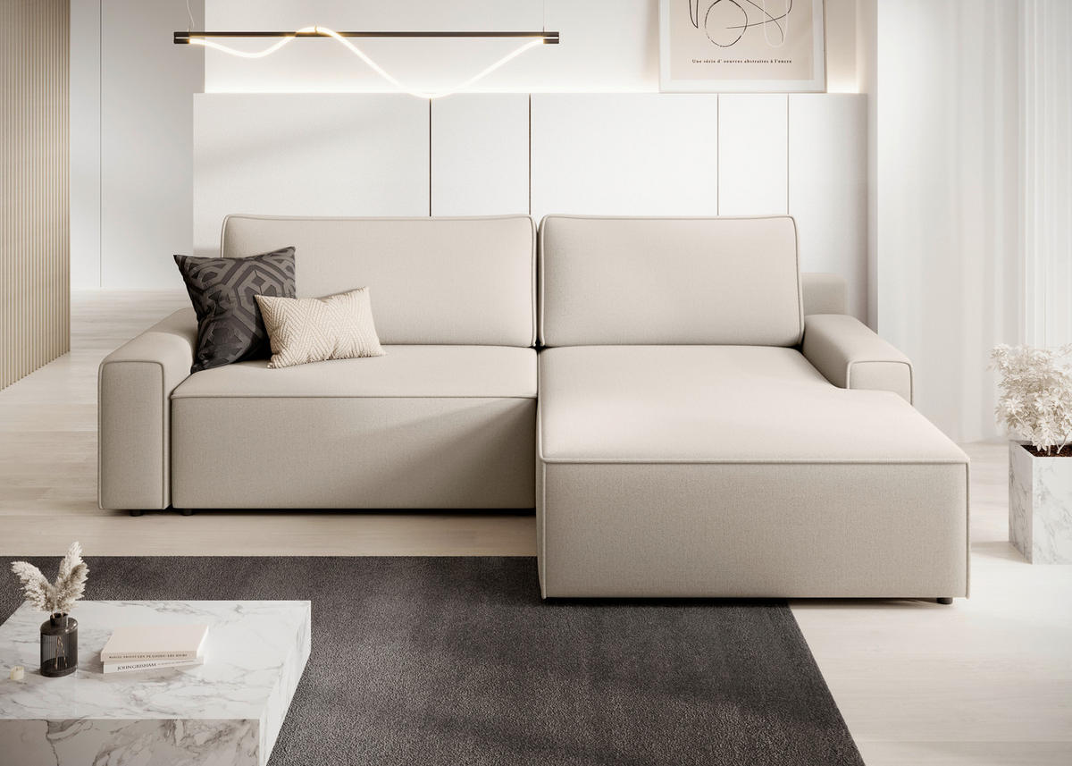 ECKSCHLAFSOFA CHALLANGE  mit Schlafen auf Sitzhöhe, Rücken echt, Armteil links, Armteil rechts Struktur Beige  - Beige/Schwarz, MODERN, Kunststoff/Textil (246/168cm) - Trendmanufaktur