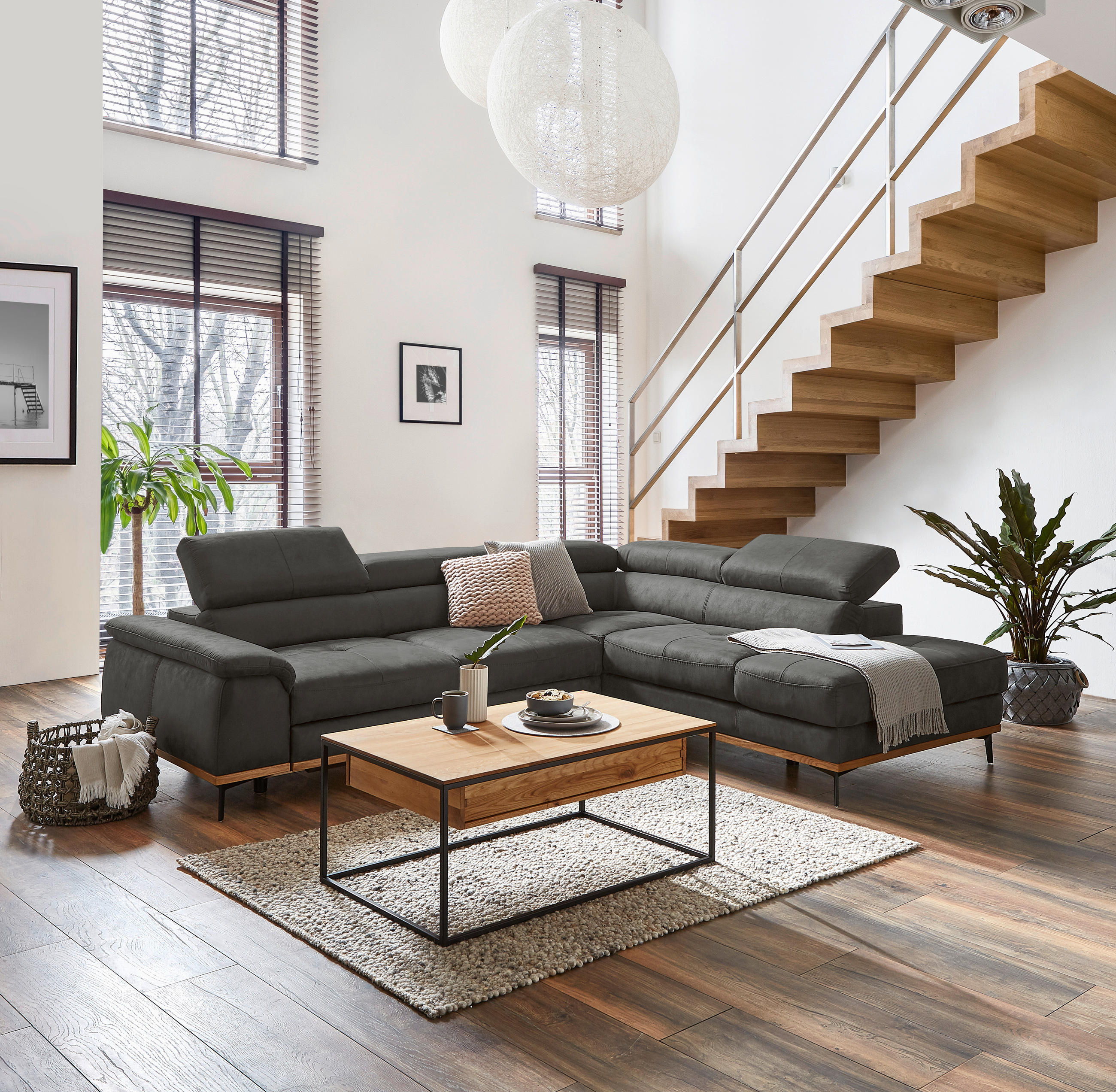 ECKSOFA in Lederlook Grau  - Schwarz/Grau, Natur, Holz/Textil (282/226cm) - Novel