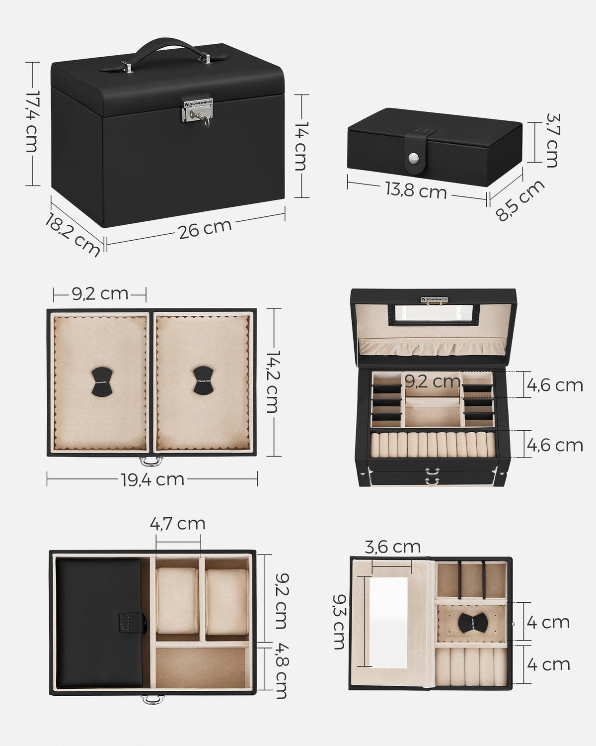 SCHMUCKKÄSTCHEN - Schwarz, LIFESTYLE, Leder/Holzwerkstoff (26/17,4/18,2cm)