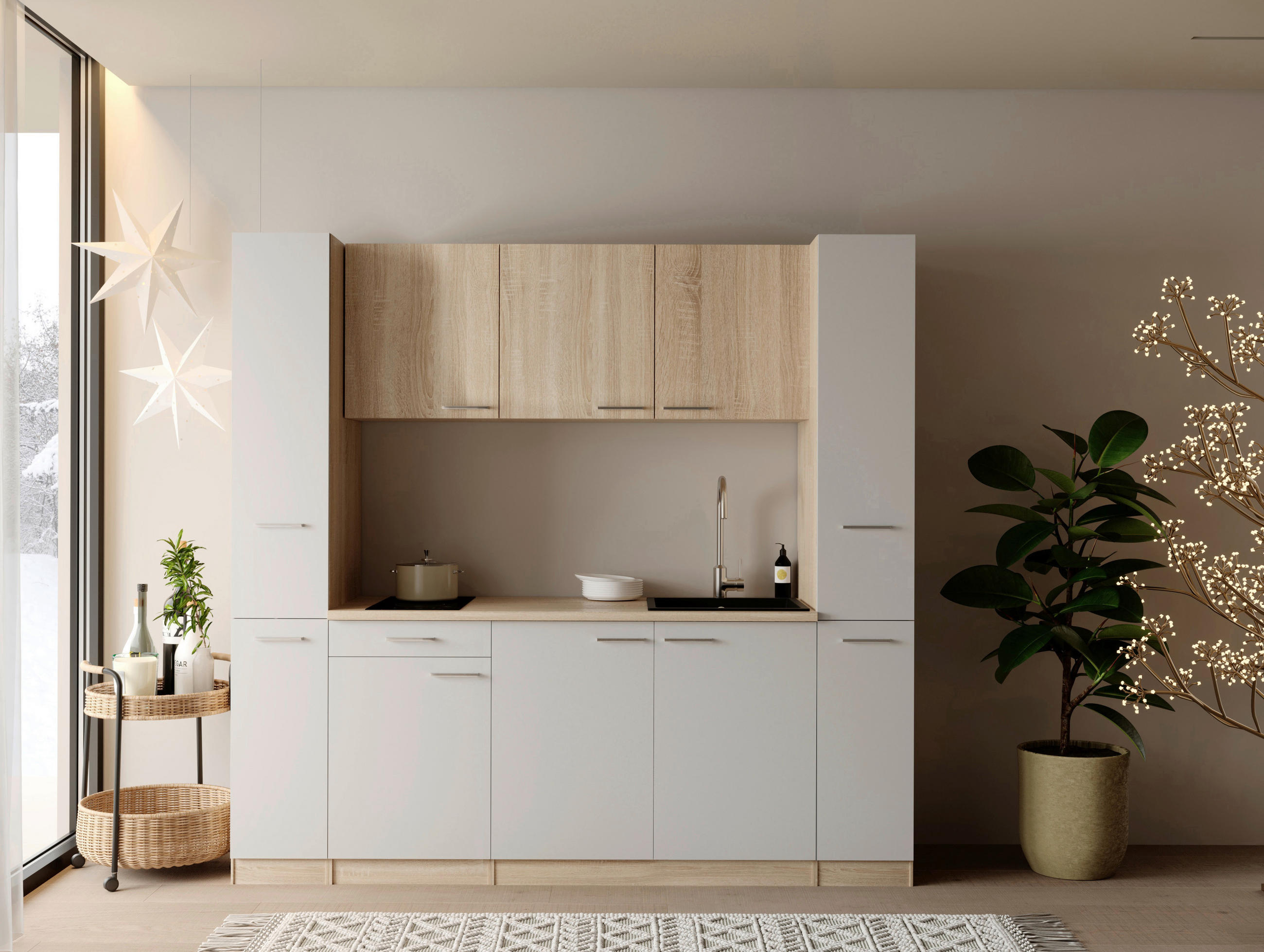 KÜCHENBLOCK Ingrid 210 cm  in Weiß  - Eichefarben/Alufarben, Design, Holzwerkstoff/Kunststoff (210cm) - Respekta