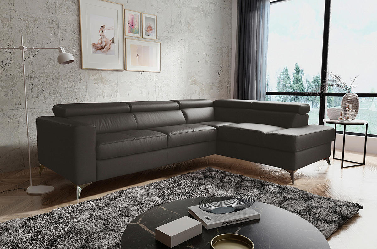 ECKSOFA in Lederlook Echtleder Dunkelbraun  286/208 cm  - Chromfarben/Dunkelbraun, Design, Leder/Textil (286/208cm) - Livetastic