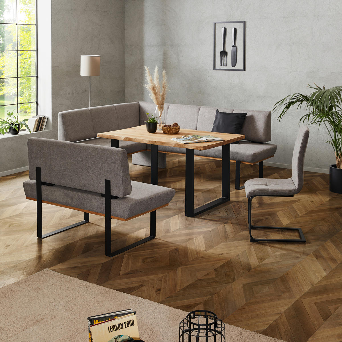 ECKBANK 175/225 cm Webstoff Grau Eiche vollmassiv   - Schwarz/Grau, MODERN, Holz/Textil (175/225cm) - Livetastic