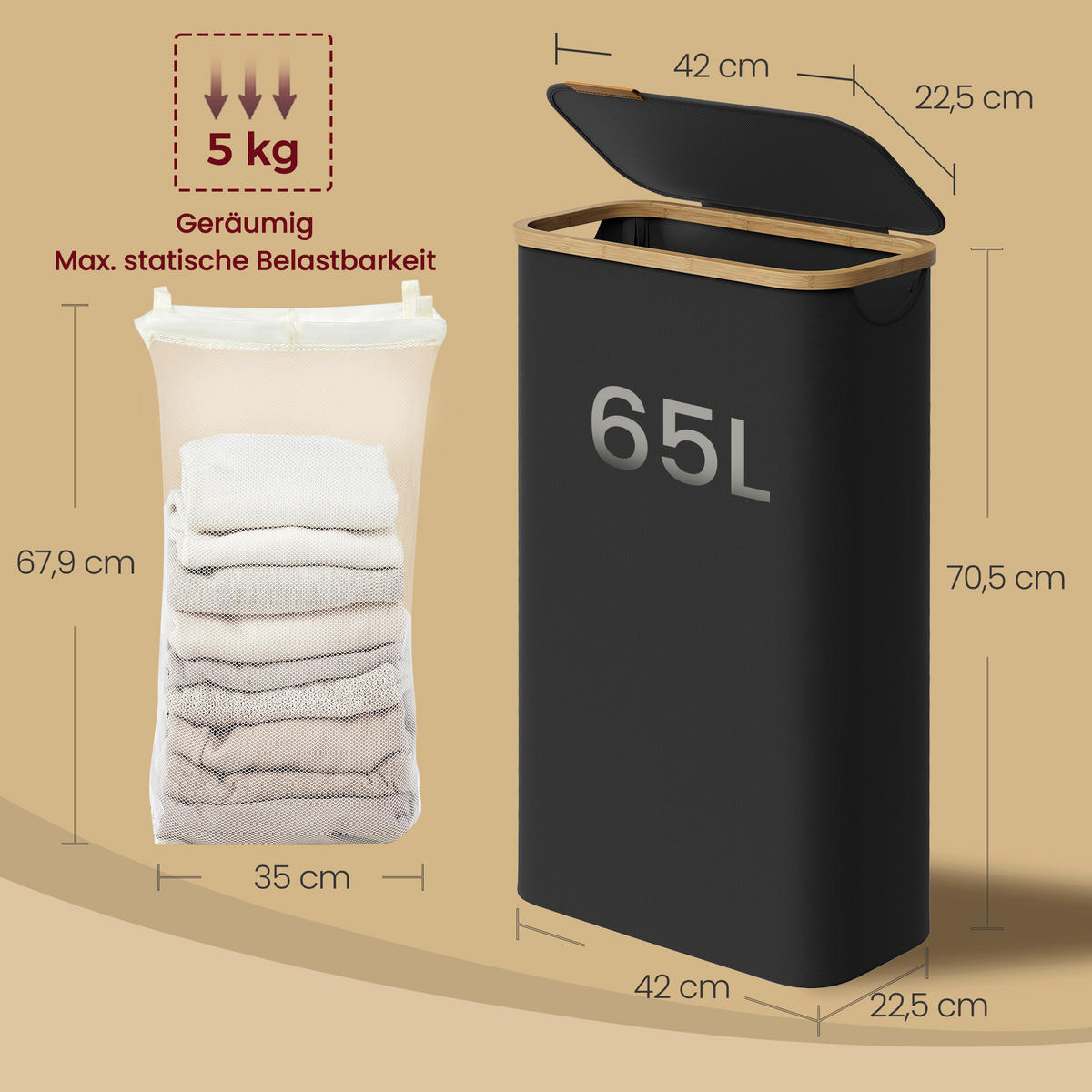 WÄSCHEKORB - Schwarz, Trend, Naturmaterialien/Kunststoff (42/70,5/22,5cm) - Boxxx