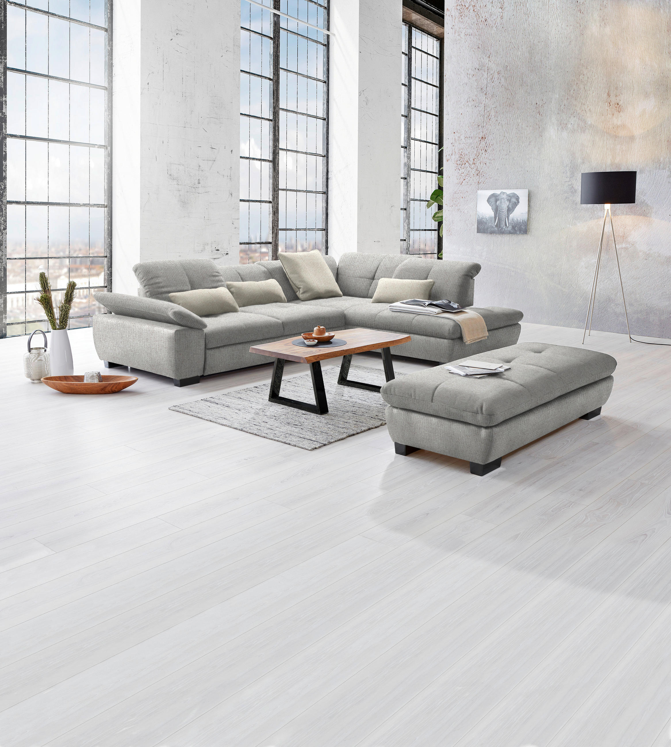 ECKSOFA Hellgrau Flachgewebe  - Hellgrau/Schwarz, Design, Textil/Metall (313/242cm) - Xora