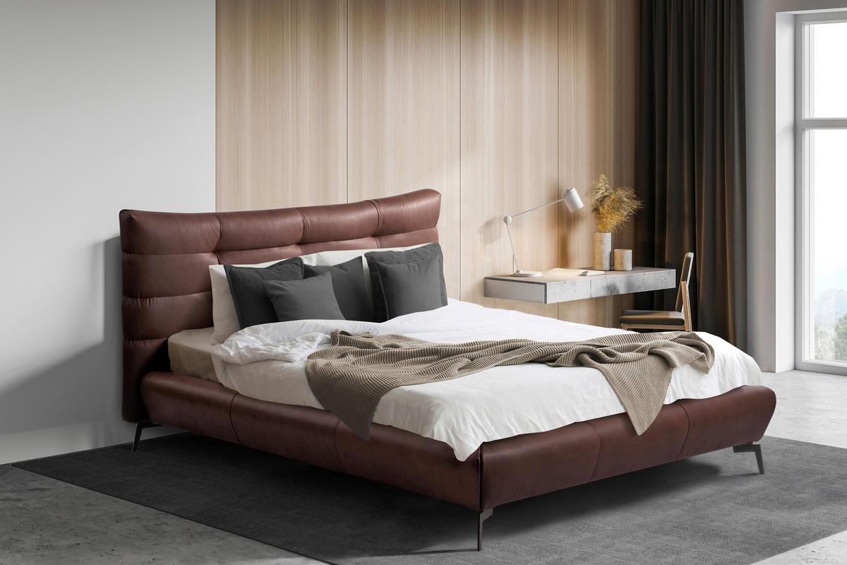 POLSTERBETT gepolstertes Kopfteil Dunkelbraun 180/200 cm  - Dunkelbraun/Schwarz, Design, Leder/Metall (180/200cm) - Esposa