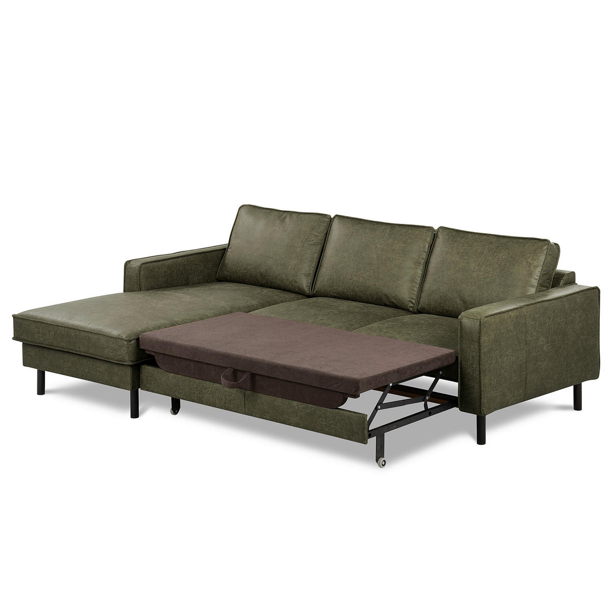 ECKSOFA Grün Echtleder Lederlook Bettkasten, Schlaffunktion, Rücken echt  - Schwarz/Grün, Design, Leder/Textil (166/238cm) - Livetastic