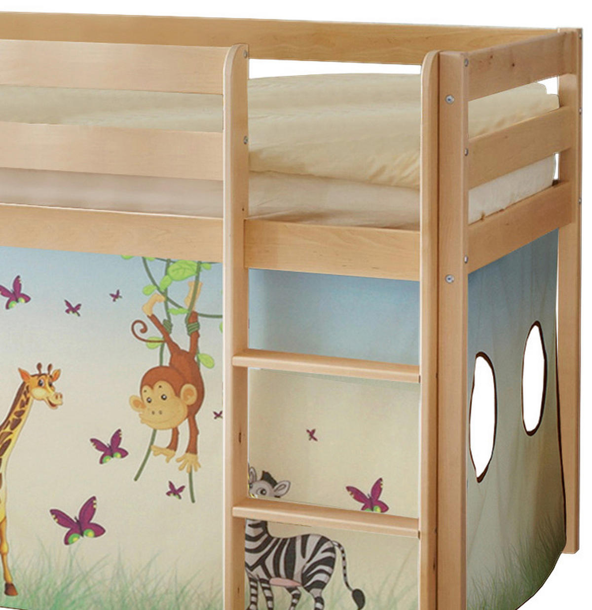 SPIELBETT Absturzsicherung, Leiter, Vorhang, Rutsche 90/200 cm  in Multicolor, Kieferfarben  - Multicolor/Kieferfarben, Natur, Holz (90/200cm) - MID.YOU