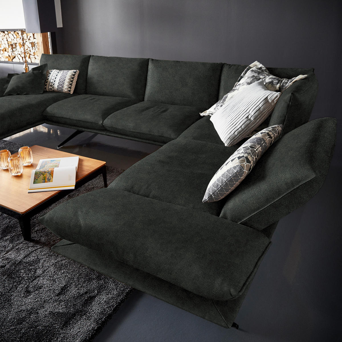 WOHNLANDSCHAFT in Echtleder Dunkelgrün  - Dunkelgrün/Schwarz, Natur, Leder/Metall (155/359/217cm) - Dieter Knoll