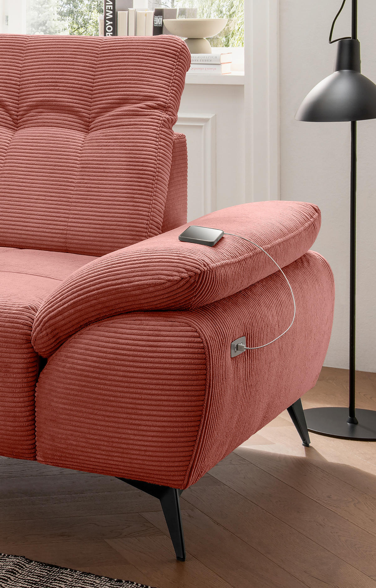 ECKSOFA FIORE Koralle Cord Kopfteilverstellung, Sitzvorzug  - Koralle/Schwarz, MODERN, Textil/Metall (180/280cm) - Livetastic