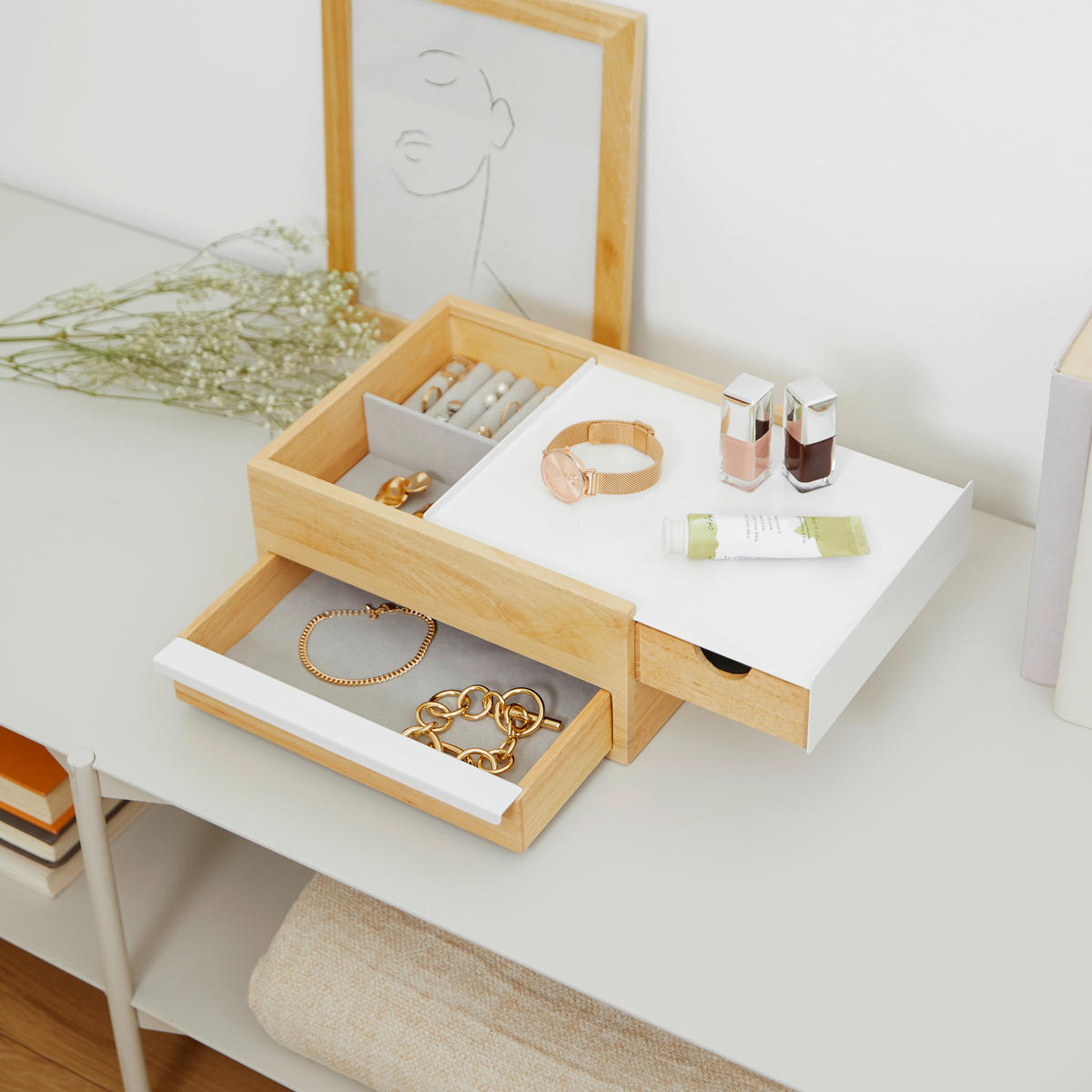 SCHMUCKBOX - Naturfarben/Weiß, Design, Holz/Metall (22,1/11,9/25,9cm) - Umbra
