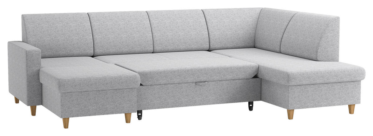 WOHNLANDSCHAFT NIKAS Hellgrau Bouclé  - Buchefarben/Hellgrau, Design, Holz/Textil (310/160/145cm) - MID.YOU