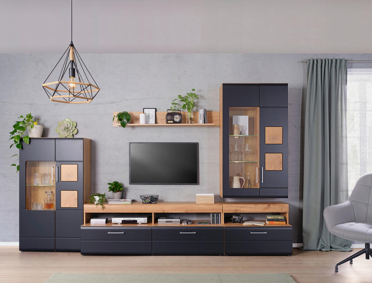 SET MOBILA LIVING in negru, culoare lemn stejar  - culoare crom/culoare lemn stejar, Konventionell, sticlă/metal (330/208/52cm) - Hom`in