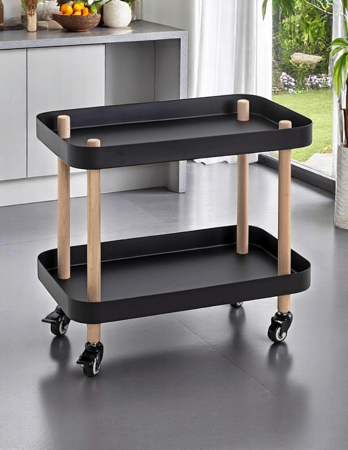 SERVIERWAGEN Buche massiv Naturfarben, Schwarz, Buchefarben  - Buchefarben/Schwarz, MODERN, Holz/Metall (50/30/47cm)