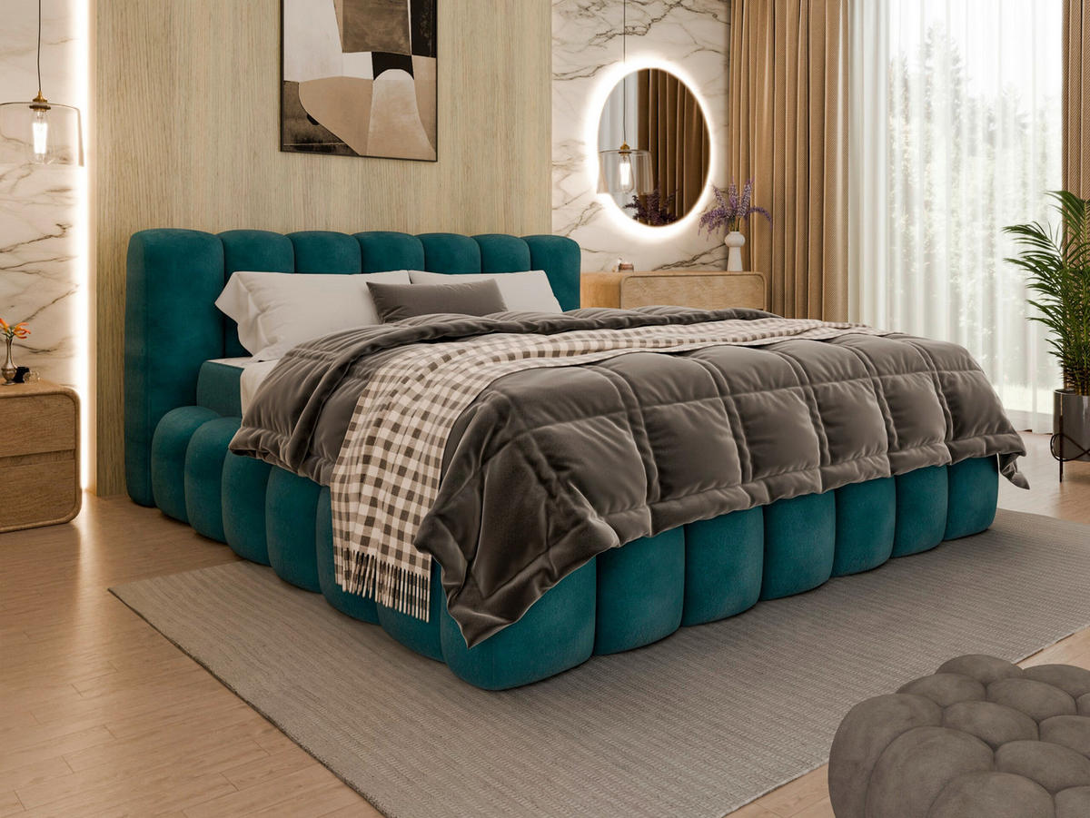 POLSTERBETT inkl. Bettkasten Lattenrost, Bettkasten Petrol 180/200 cm  - Birkefarben/Petrol, Trend, Holz/Kunststoff (180/200cm) - Esposa