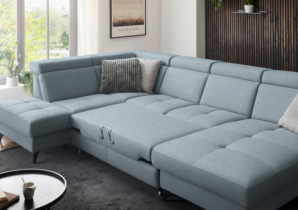 WOHNLANDSCHAFT Flachgewebe Hellblau  - Schwarz/Hellblau, Konventionell, Textil/Metall (215/333/174cm) - Beldomo System