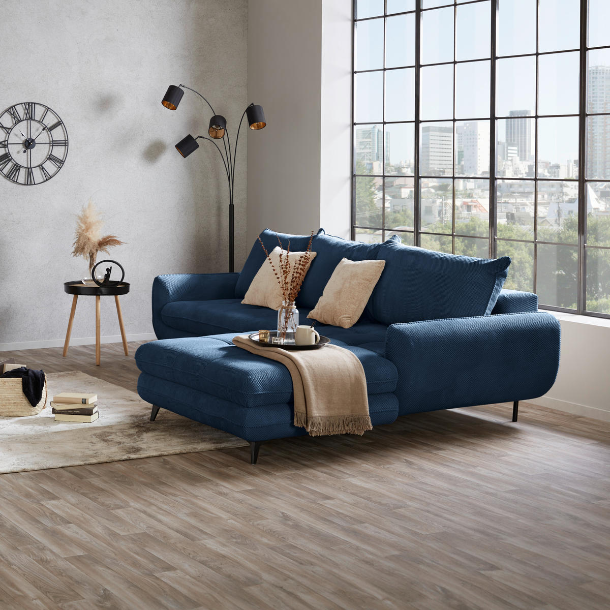 ECKSOFA WAVE Dunkelblau Struktur  - Beige/Schwarz, MODERN, Textil/Metall (266/189cm) - MID.YOU
