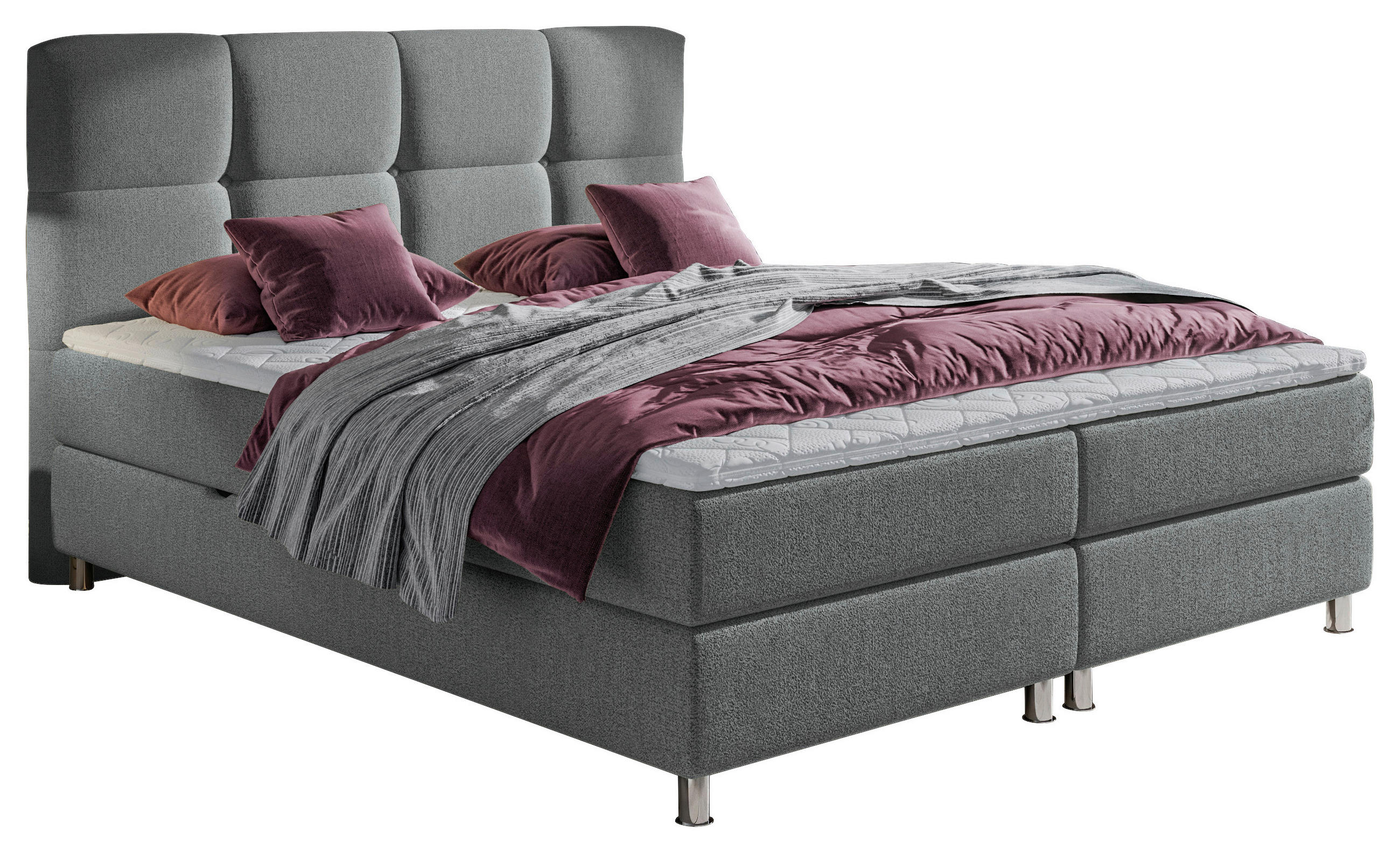 BOXBETT 180/200 cm,  in Grau, Matratze, gepolstertes Kopfteil, Bettkasten, Topper, H3 = fest  - Chromfarben/Grau, Design, Textil/Metall (180/200cm) - Ti'me