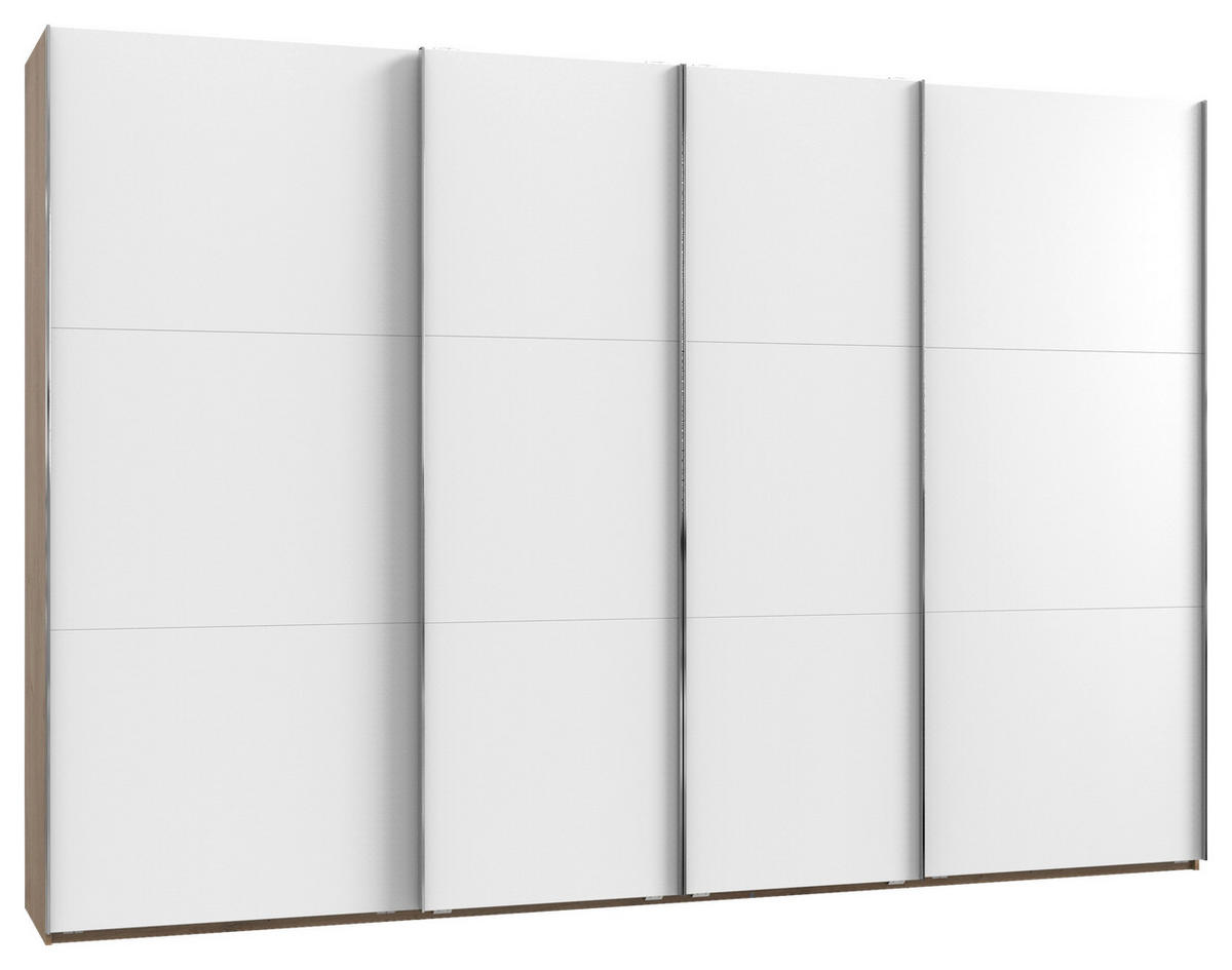 SCHWEBETÜRENSCHRANK 350/216/65 cm 4-türig Weiß, Eichefarben  - Chromfarben/Eichefarben, Basics, Holzwerkstoff/Metall (350/216/65cm) - MID.YOU
