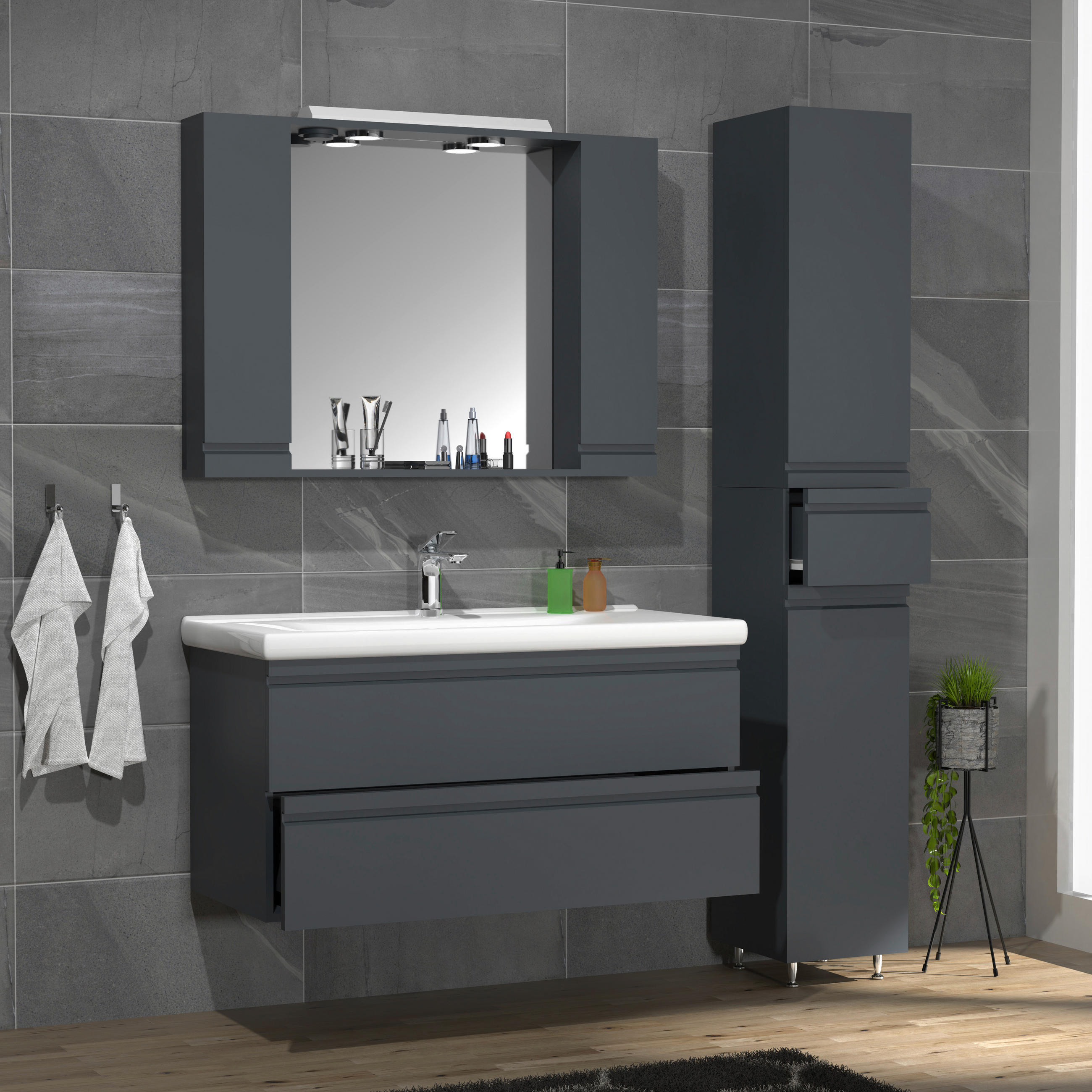 BADEZIMMER 4-teilig  in 130 cm  - Anthrazit, Modern, Glas/Keramik (130cm) - MID.YOU