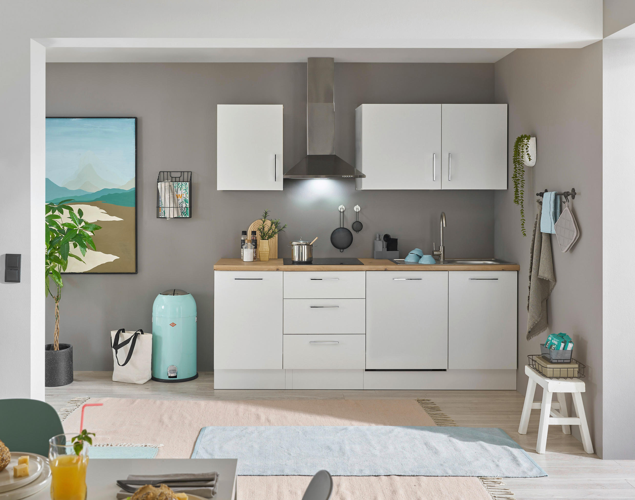 Bucătărie Fără Electrocasnice  - alb/culoare crom, Trend, metal/material pe bază de lemn (220cm) - MID.YOU
