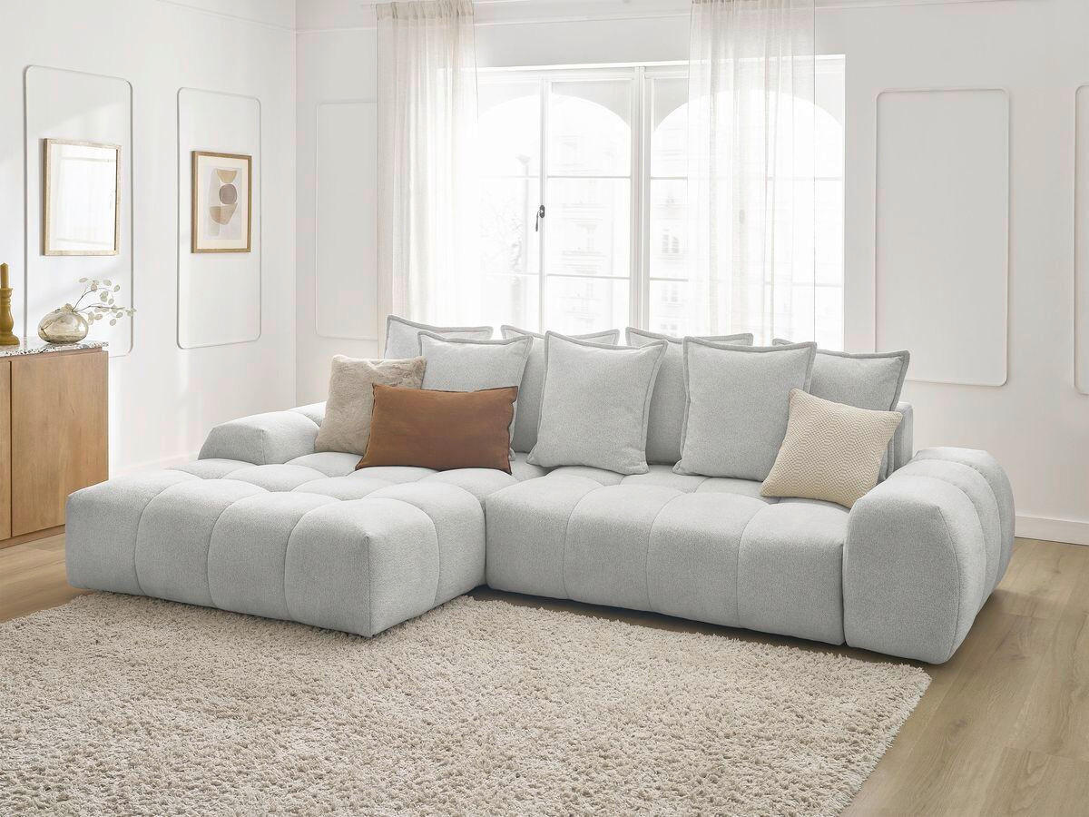 ECKSCHLAFSOFA EVEREST  mit Rücken echt, Armteil links, Armteil rechts Flachgewebe Hellgrau  - Hellgrau/Schwarz, MODERN, Kunststoff/Textil (180/318cm) - Livetastic