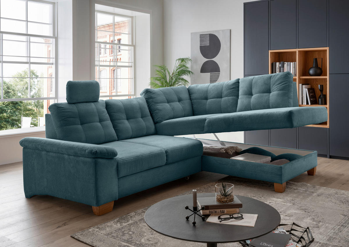 ECKSOFA in Cord Petrol  - Petrol/Naturfarben, Modern, Holz/Textil (274/206cm) - Livetastic