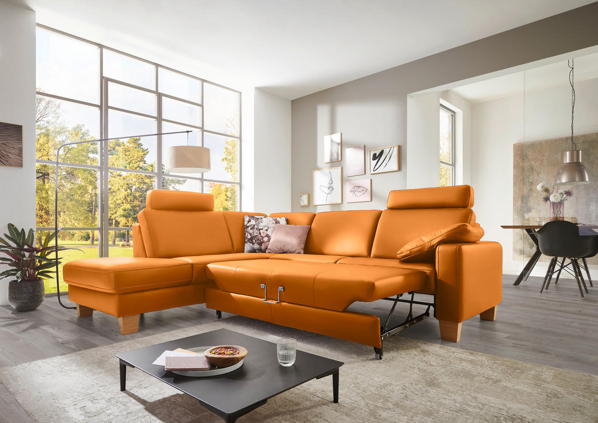 ECKSOFA in Echtleder Currygelb  - Currygelb/Eiche Bianco, Konventionell, Leder/Holz (235/257cm) - Valdera
