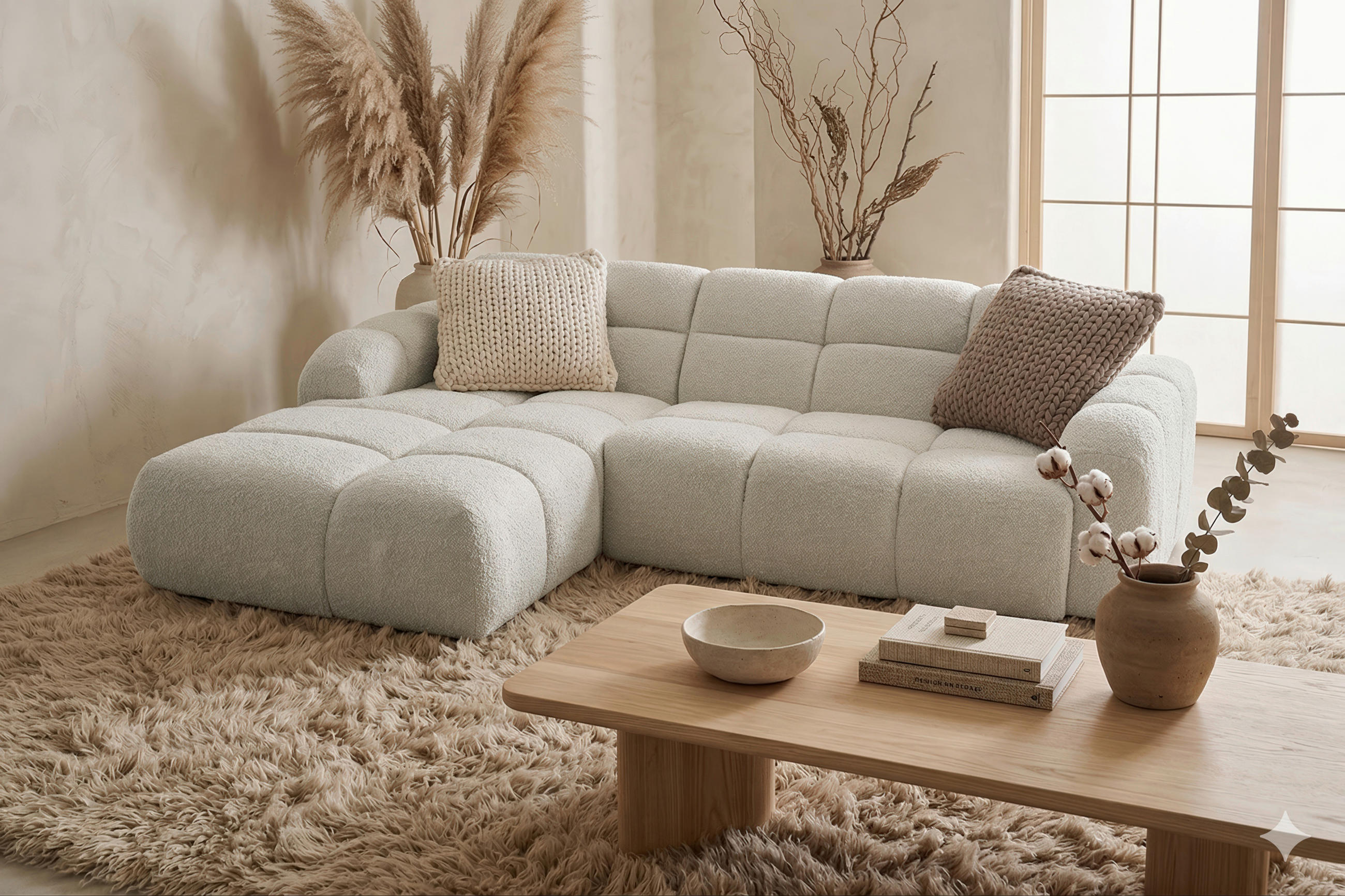 ECKSOFA VENTO Creme Bouclé  - Creme/Schwarz, Design, Kunststoff/Textil (175/255cm) - MID.YOU