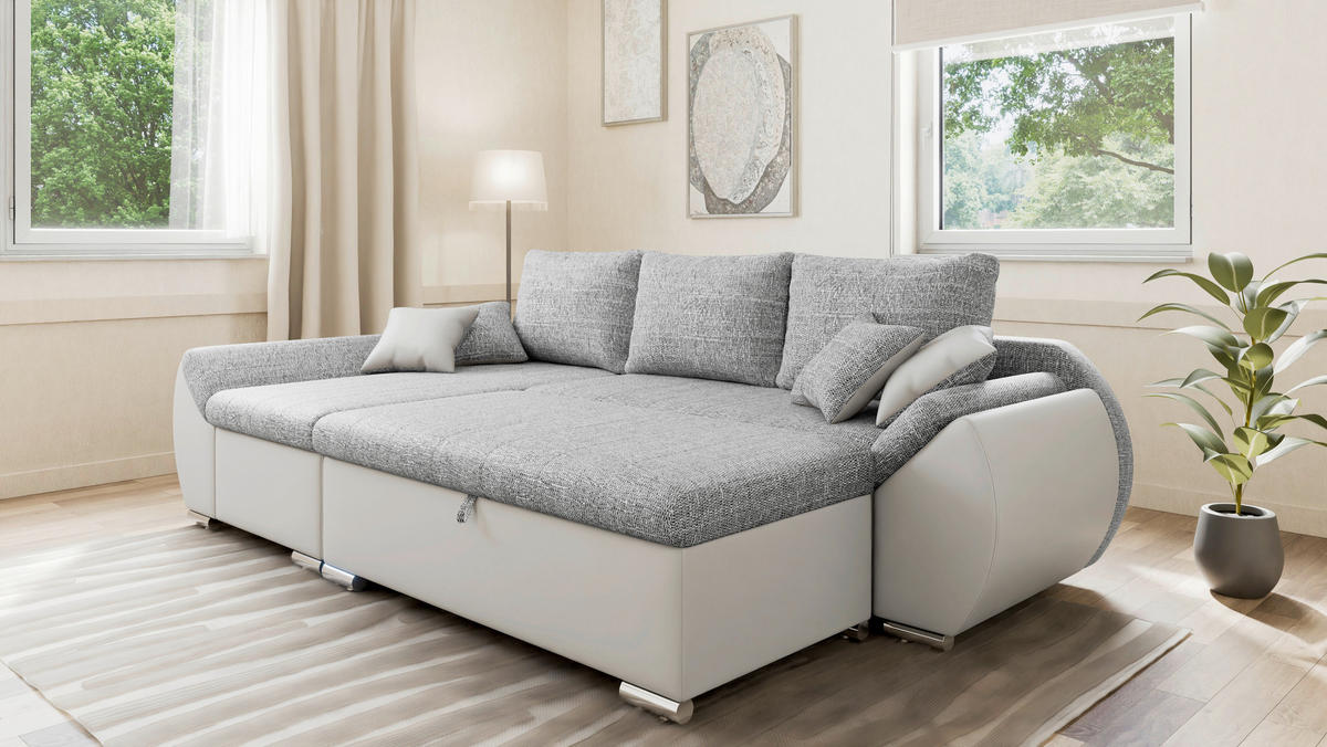 ECKSOFA  AURO Grau, Weiß  - Silberfarben/Weiß, Design, Kunststoff/Textil (275/155cm) - MID.YOU
