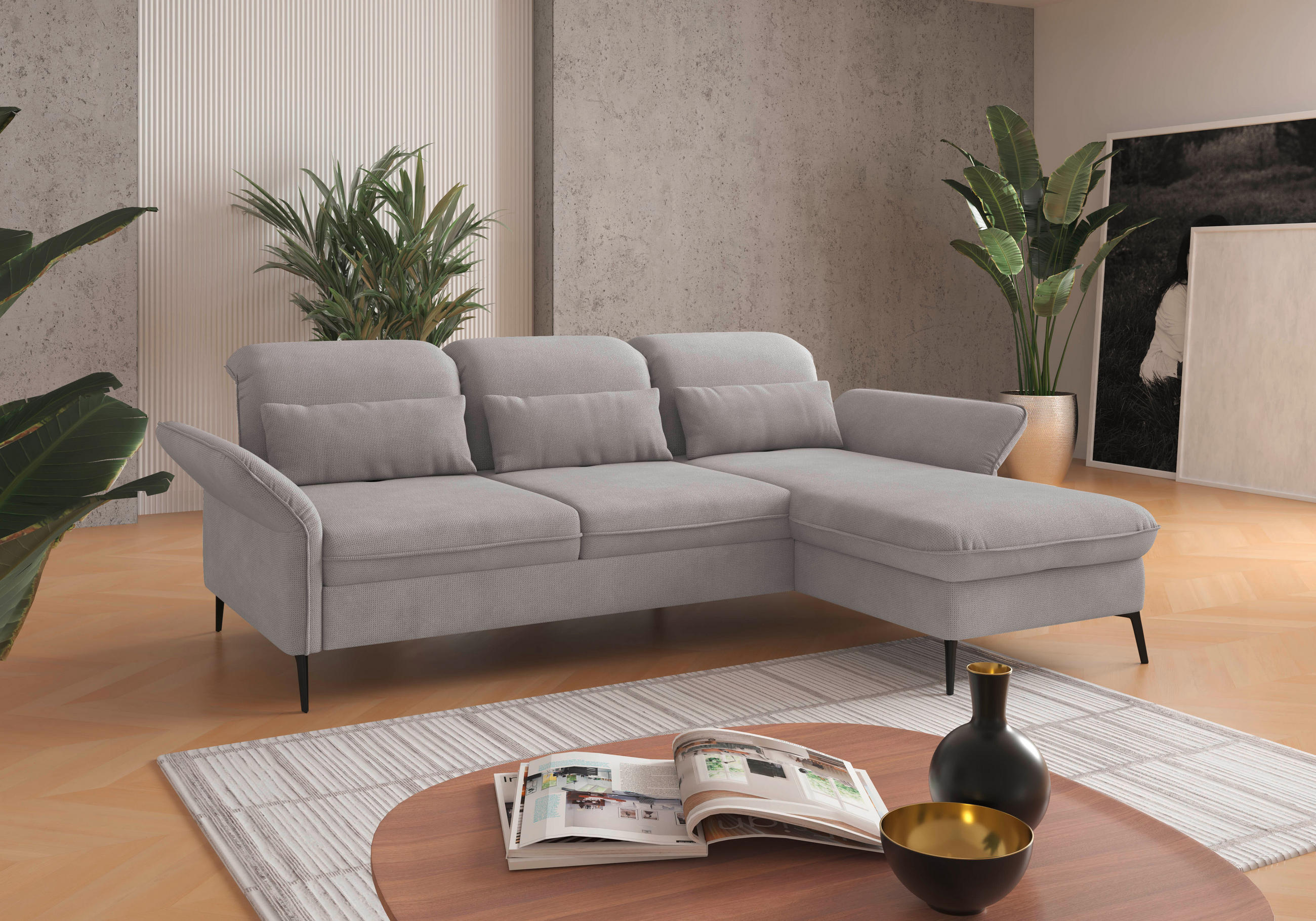 ECKSOFA in Flachgewebe Silberfarben  - Silberfarben/Schwarz, Konventionell, Textil/Metall (264/198cm) - Sit & More