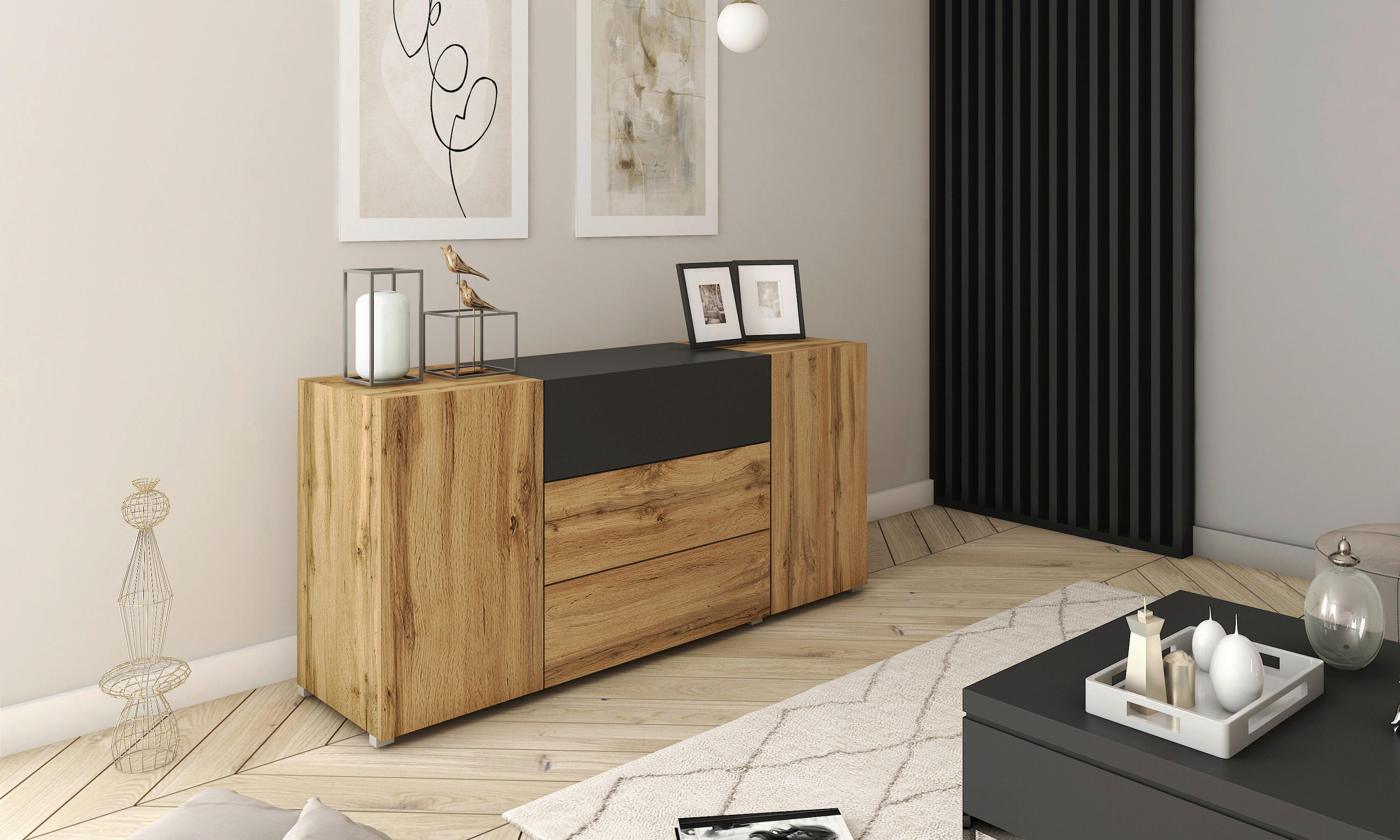 SIDEBOARD Berlin in 150/68/38,5 cm - Eiche Wotan/Schwarz, Design, Holzwerkstoff/Kunststoff (150/68/38,5cm) - MID.YOU