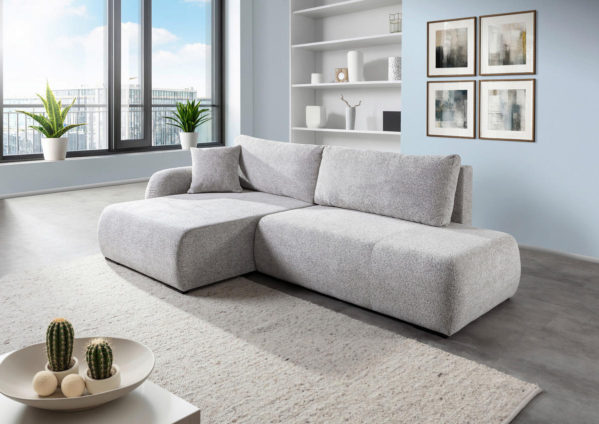 ECKSOFA Grau Flachgewebe Zierkissen, Rückenkissen, Bettkasten, Schlaffunktion, Rücken echt, Liegefläche im Originalstoff  - Schwarz/Grau, KONVENTIONELL, Kunststoff/Textil (145/260cm) - Carryhome