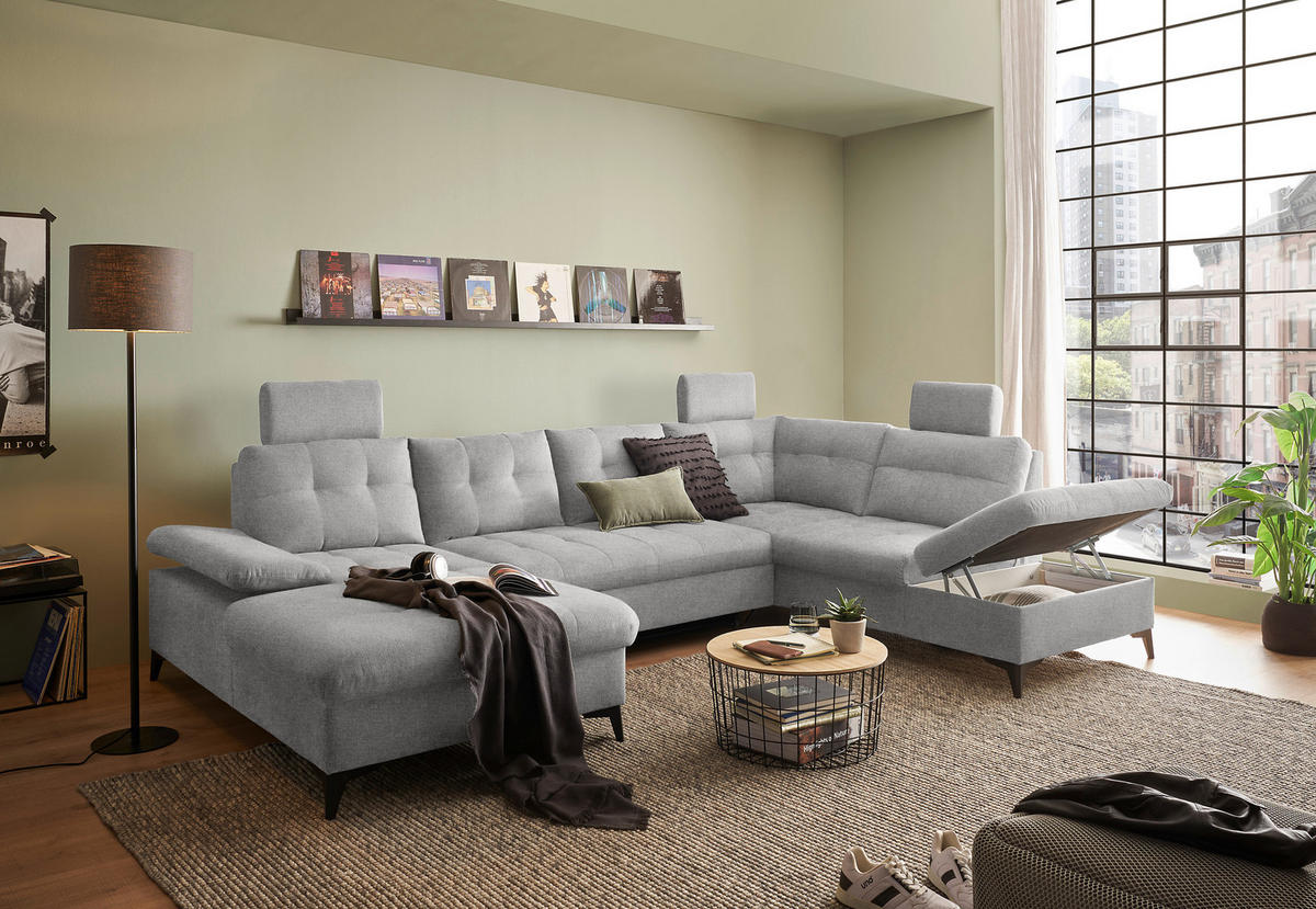 WOHNLANDSCHAFT Webstoff Dunkelgrau  - Dunkelgrau/Schwarz, Konventionell, Kunststoff/Textil (170/324/218cm) - MID.YOU