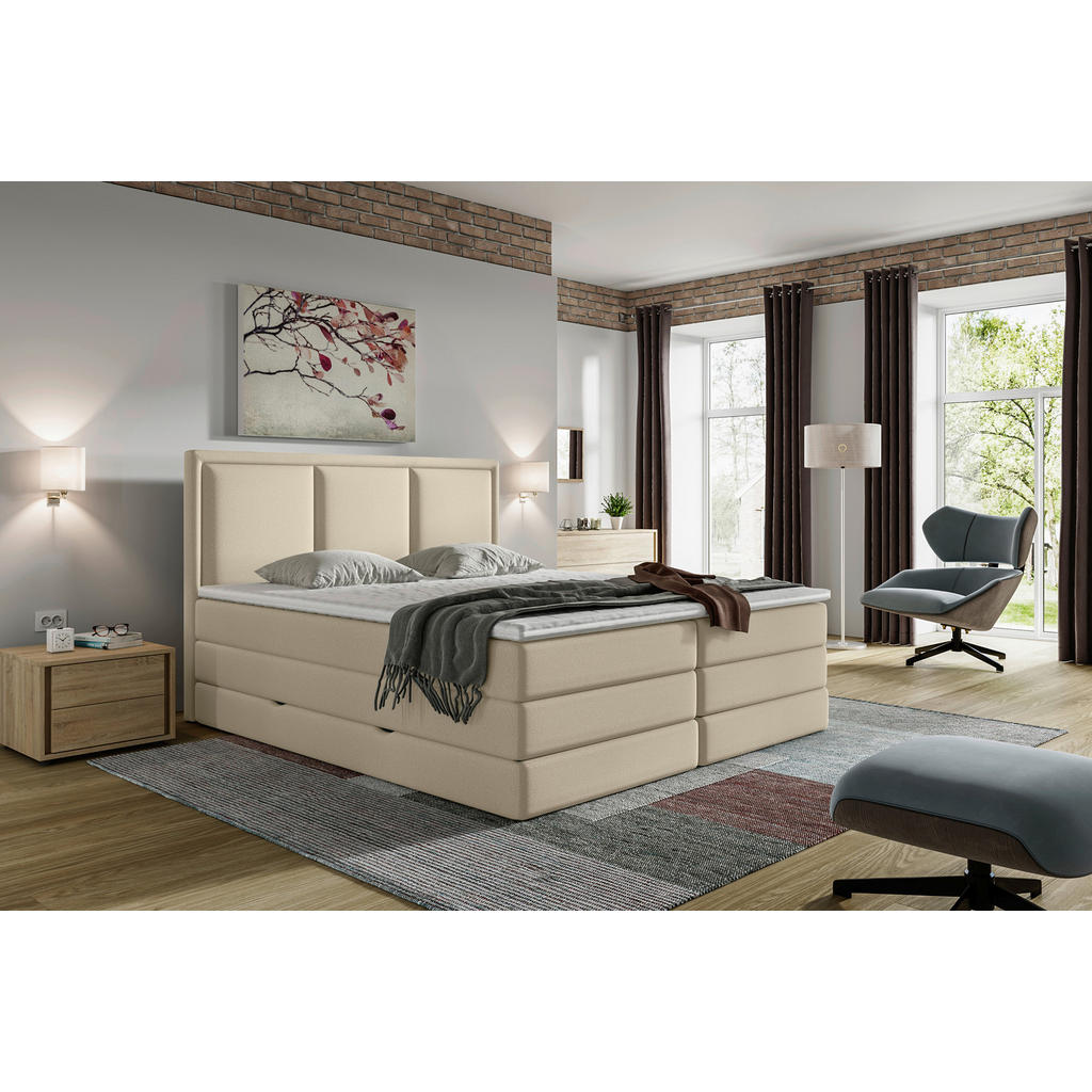 Thumbnail - Mid.you Boxspringbett, Beige, Textil, H3 + H4, 7-Zonen, Höhe ca. 18 cm, 160x200 cm, Bettkasten, gepolstertes Kopfteil, S...