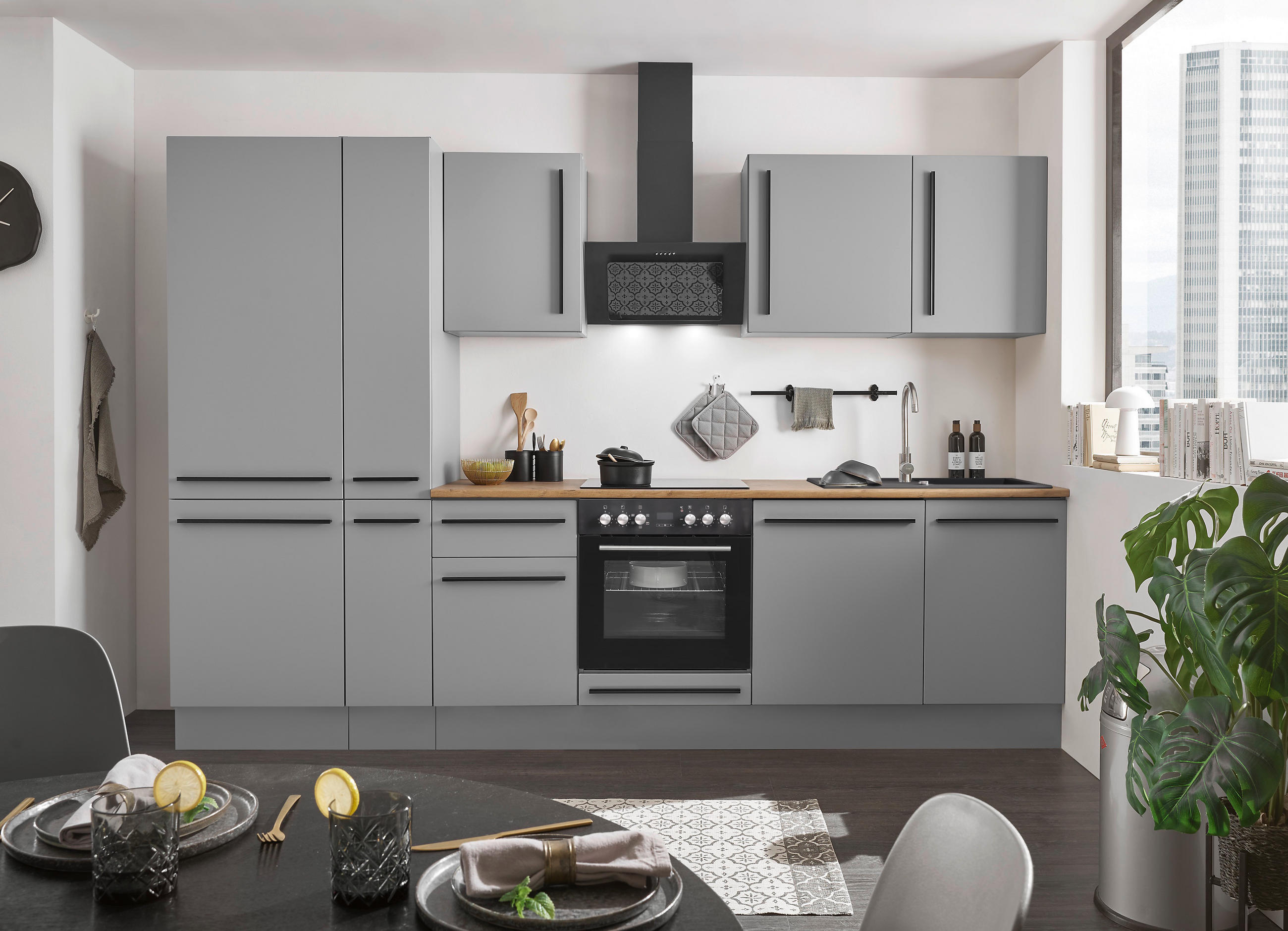 KÜCHENBLOCK 310 cm   in Grau, Eichefarben  - Eichefarben/Schwarz, Design, Holzwerkstoff/Kunststoff (310cm) - MID.YOU