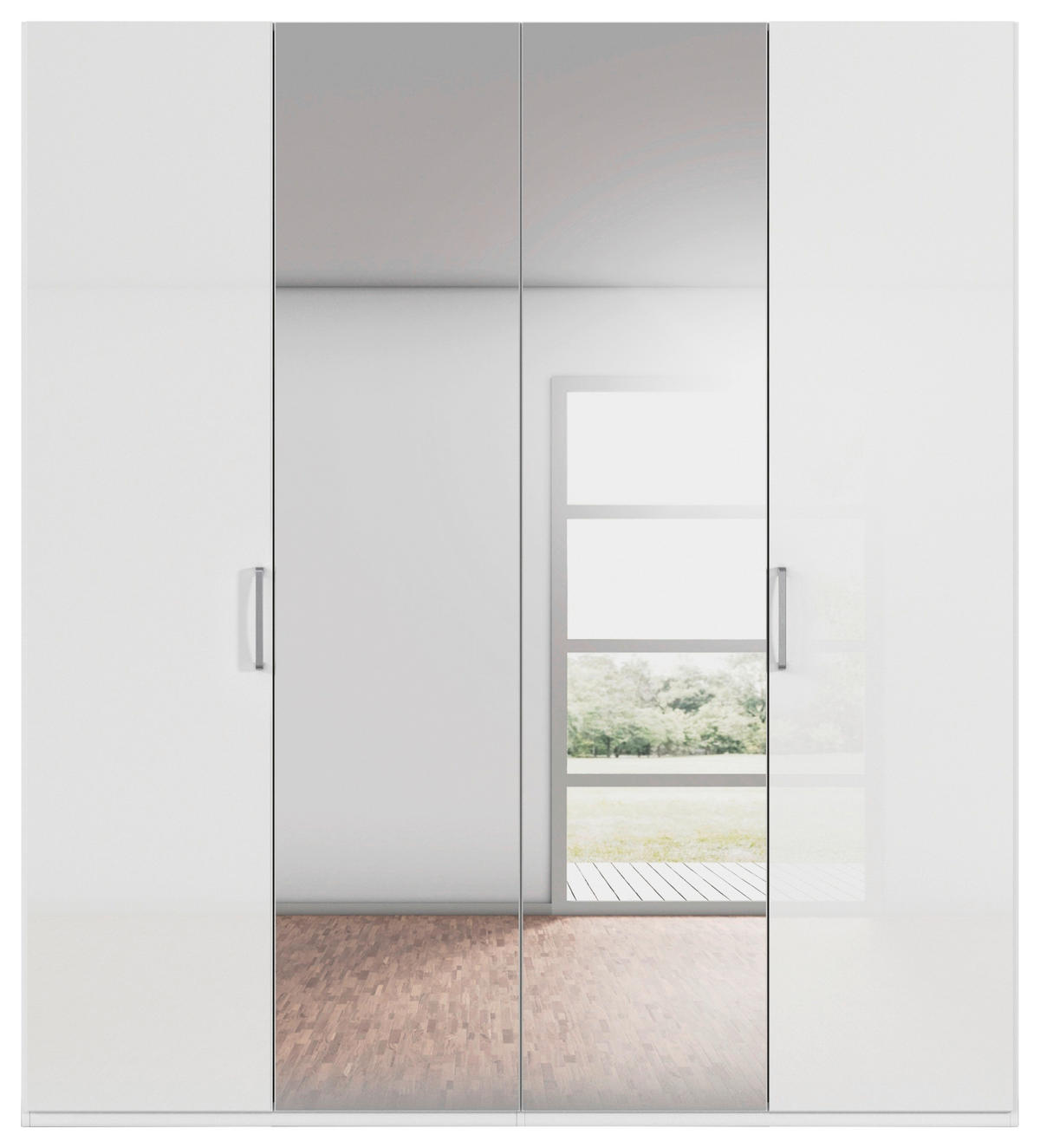 DREHTÜRENSCHRANK 201/223/61 cm,  in Weiß, Weiß Hochglanz, 4-türig  - Chromfarben/Edelstahlfarben, Basics, Glas/Holzwerkstoff (201/223/61cm) - Novel