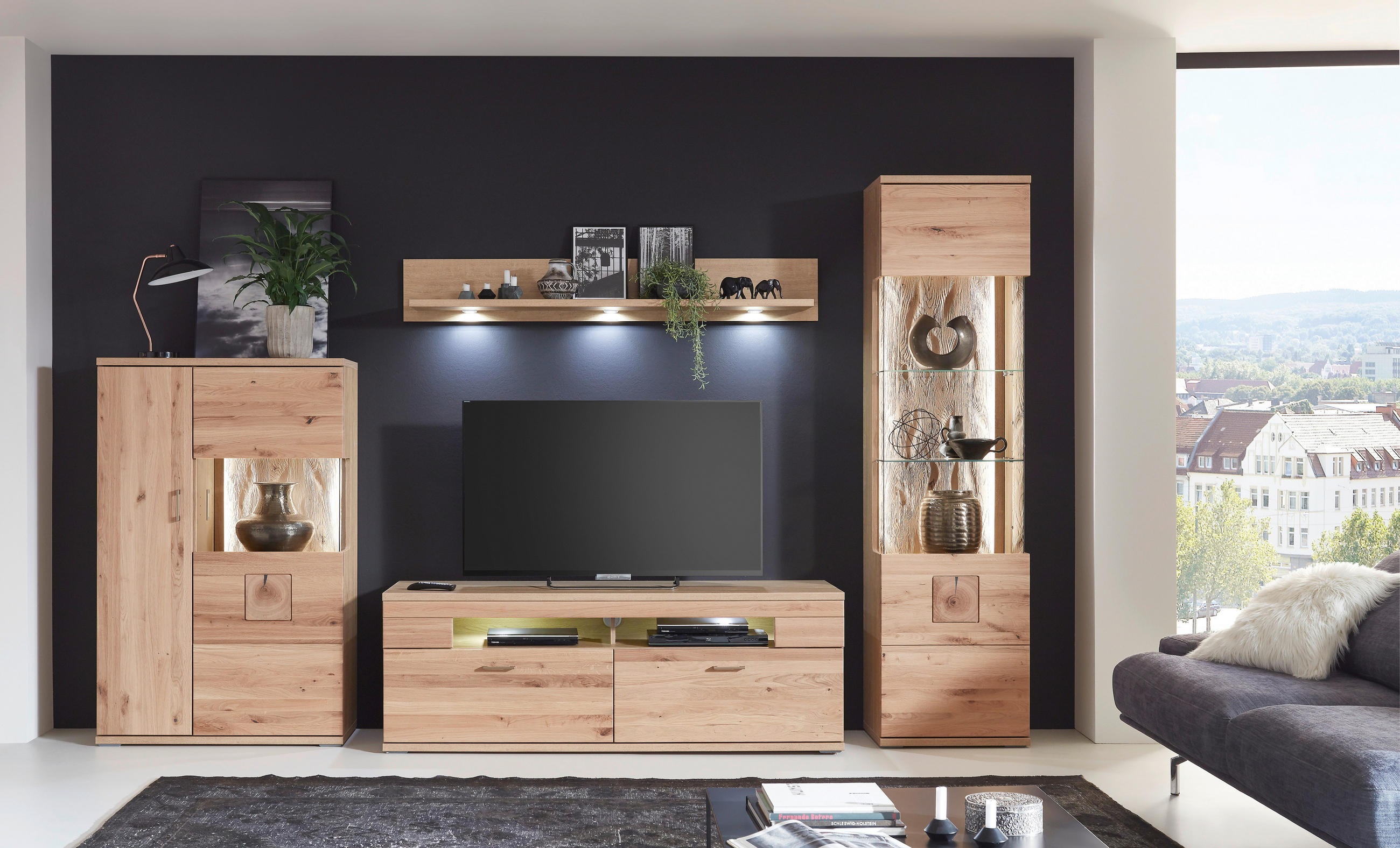 WOHNWAND  in Alteiche  330/208,3/50,2 cm  - Alteiche/Silberfarben, KONVENTIONELL, Glas/Holz (330/208,3/50,2cm) - Livetastic